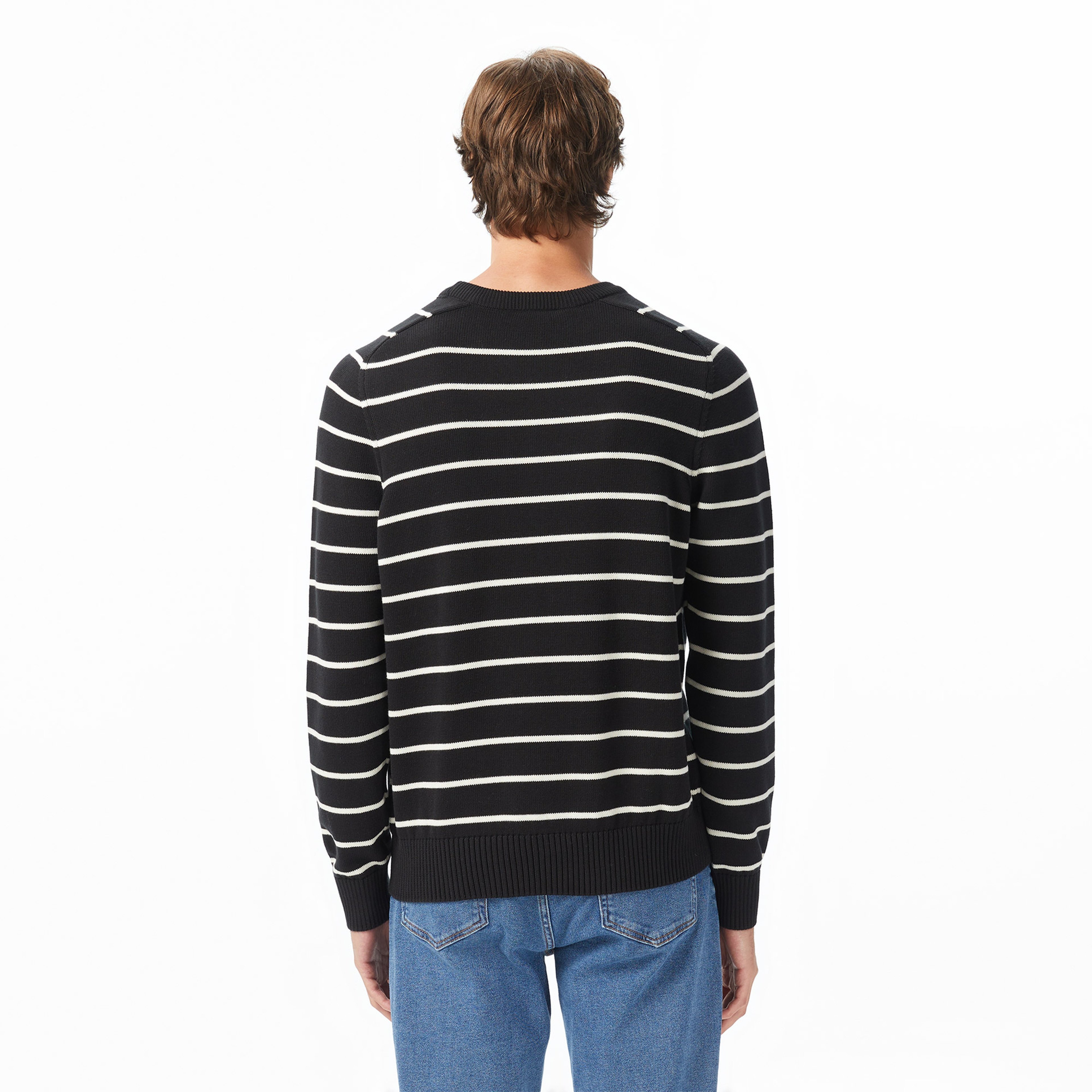 Erkek Classic Fit Bisiklet Yaka Çizgili Siyah Kazak