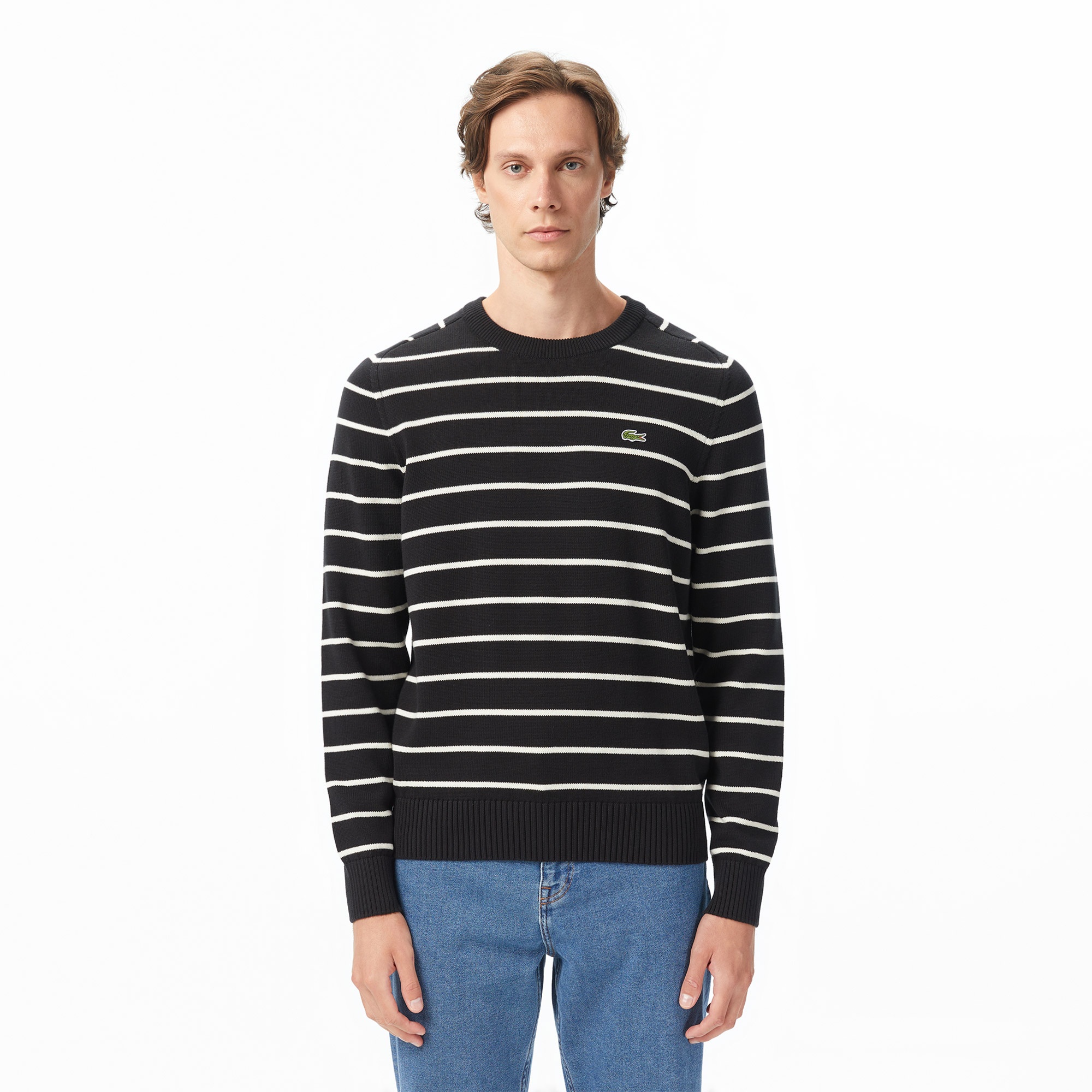 Erkek Classic Fit Bisiklet Yaka Çizgili Siyah Kazak