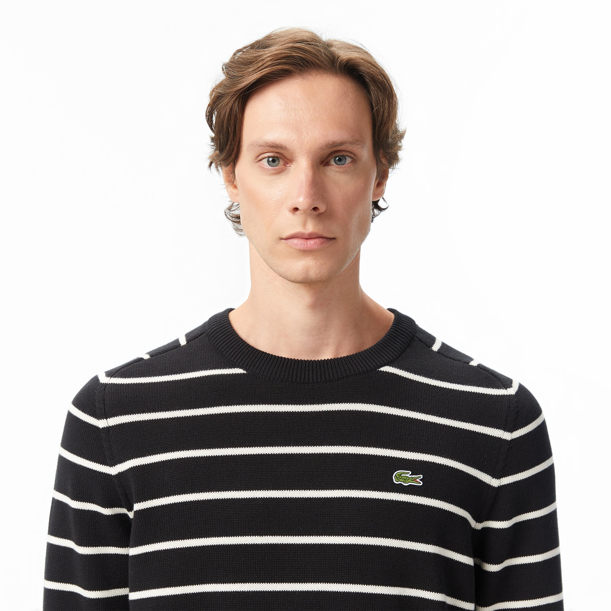 Erkek Classic Fit Bisiklet Yaka Çizgili Siyah Kazak