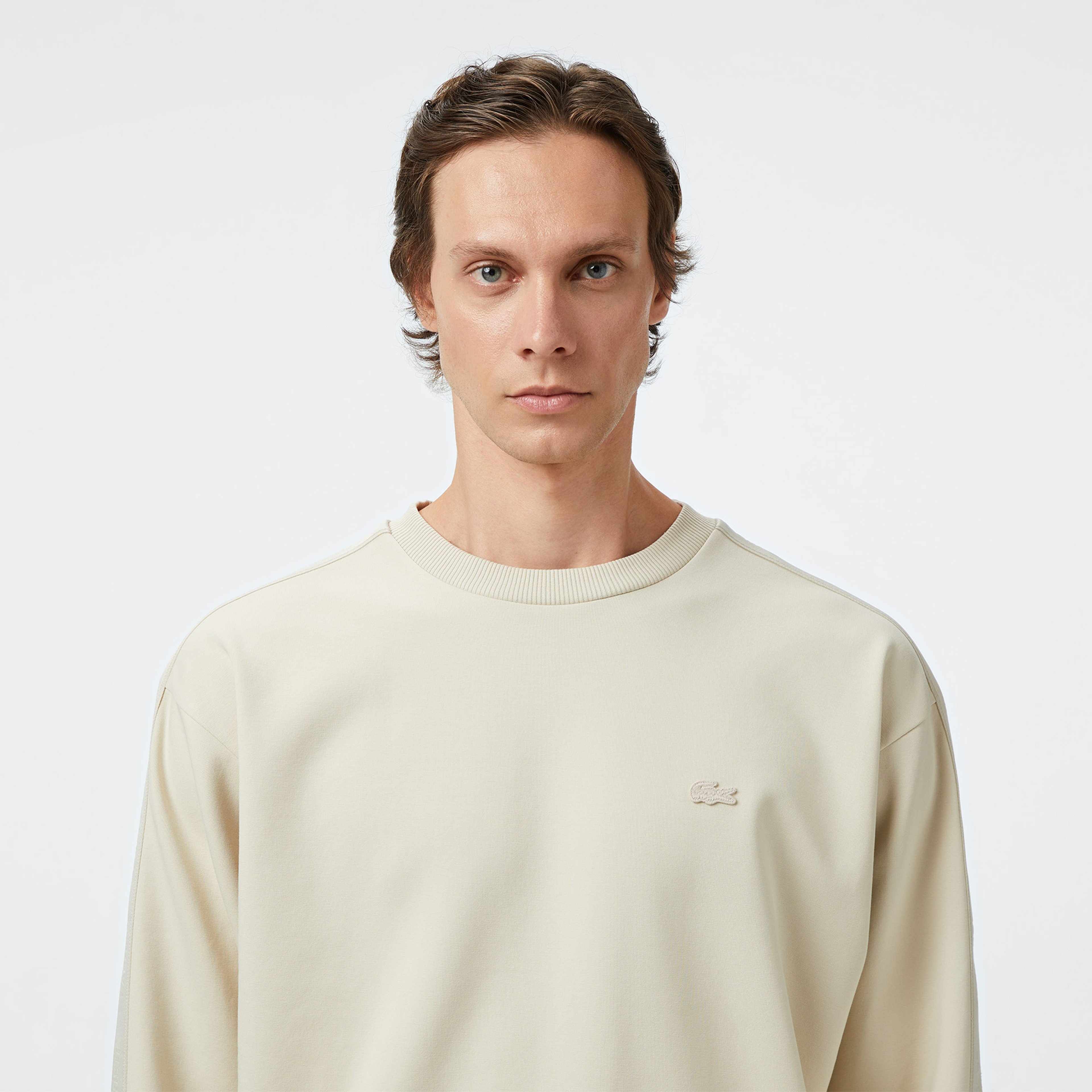 Erkek Relaxed Fit Bisiklet Yaka Açık Krem Sweatshirt