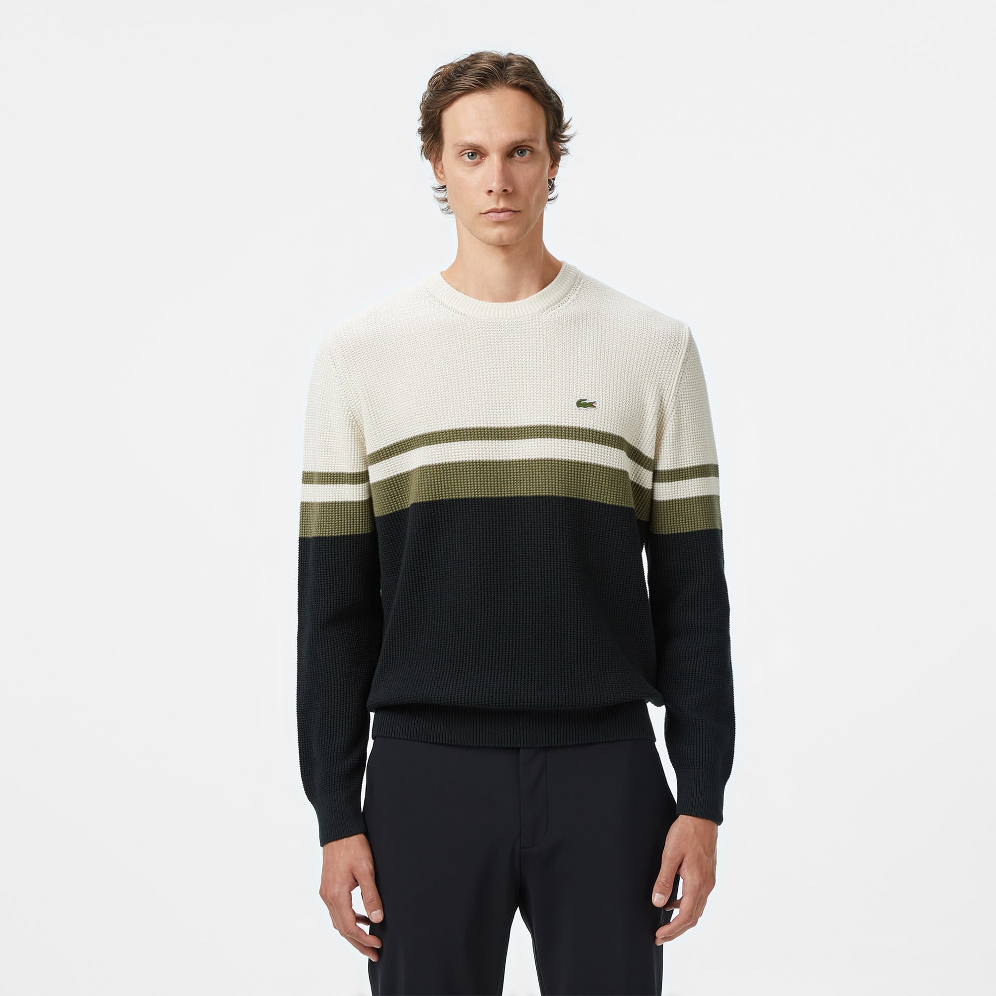 Erkek Classic Fit Bisiklet Yaka Renk Bloklu Siyah Kazak