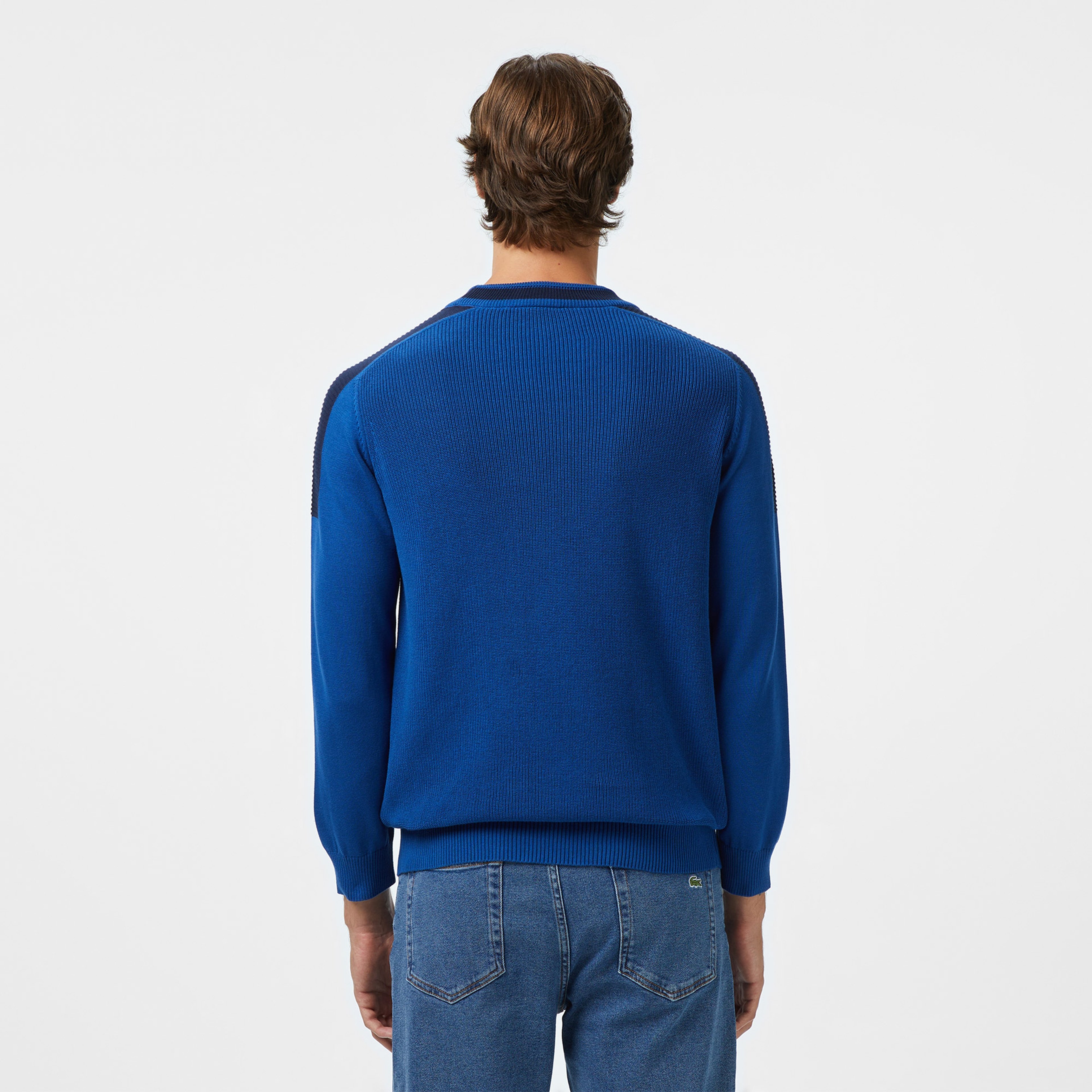 Erkek Classic Fit Bisiklet Yaka Renk Bloklu Mavi Kazak