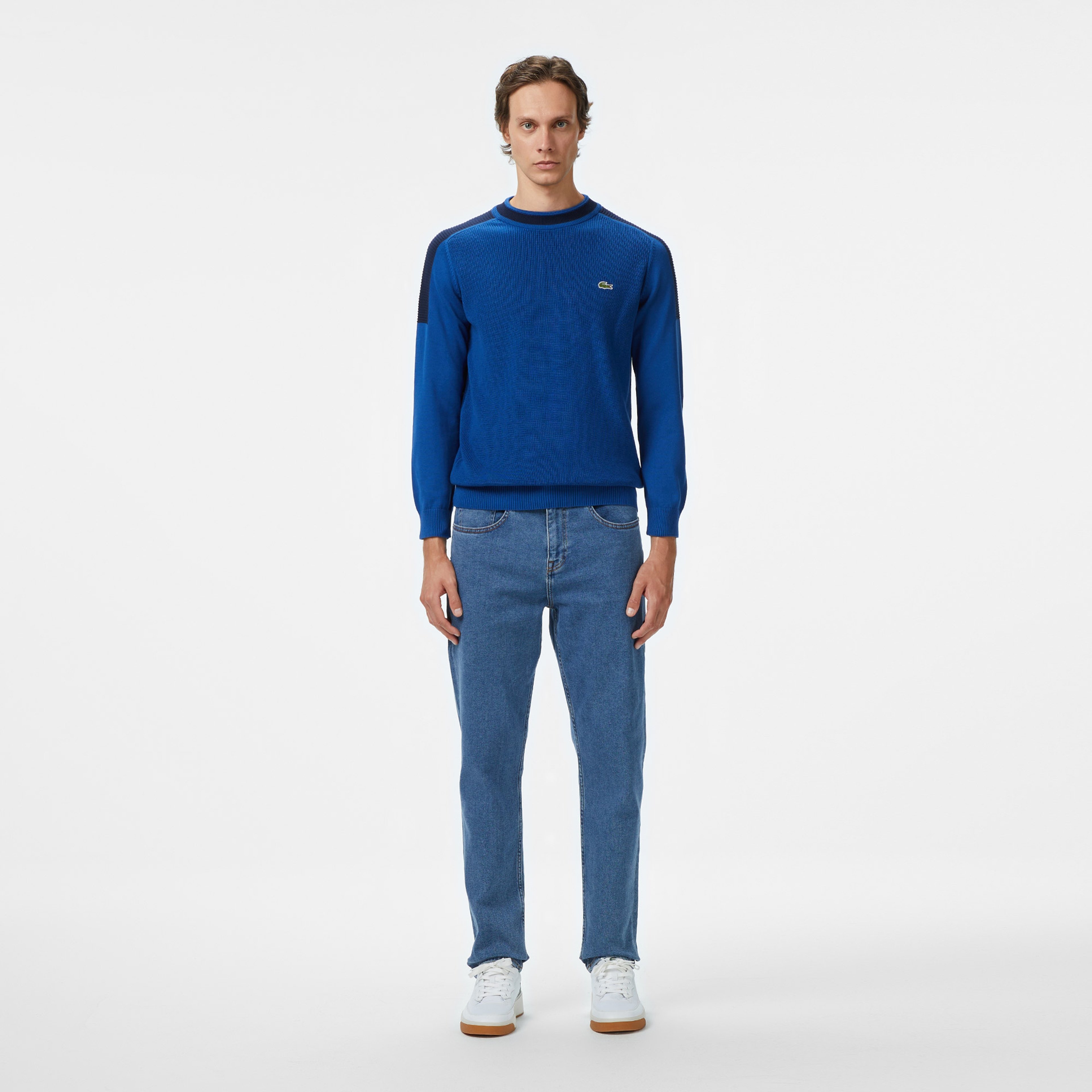 Erkek Classic Fit Bisiklet Yaka Renk Bloklu Mavi Kazak