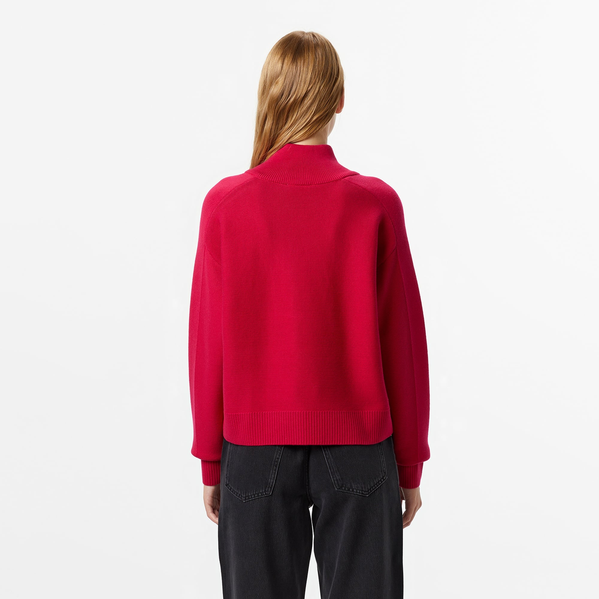 Kadın Classic Fit Yarım Fermuarlı Kırmızı Kazak