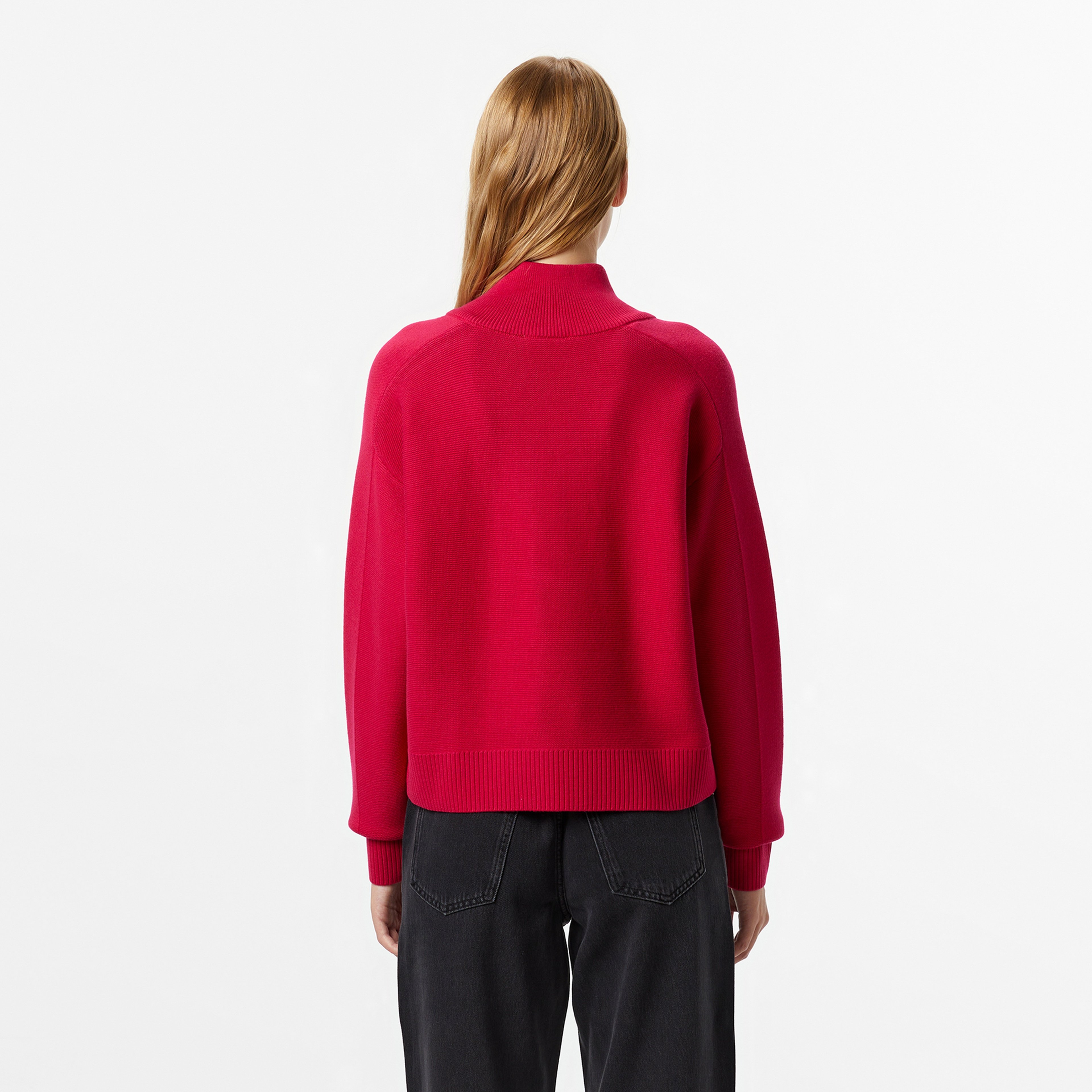 Kadın Classic Fit Yarım Fermuarlı Kırmızı Kazak