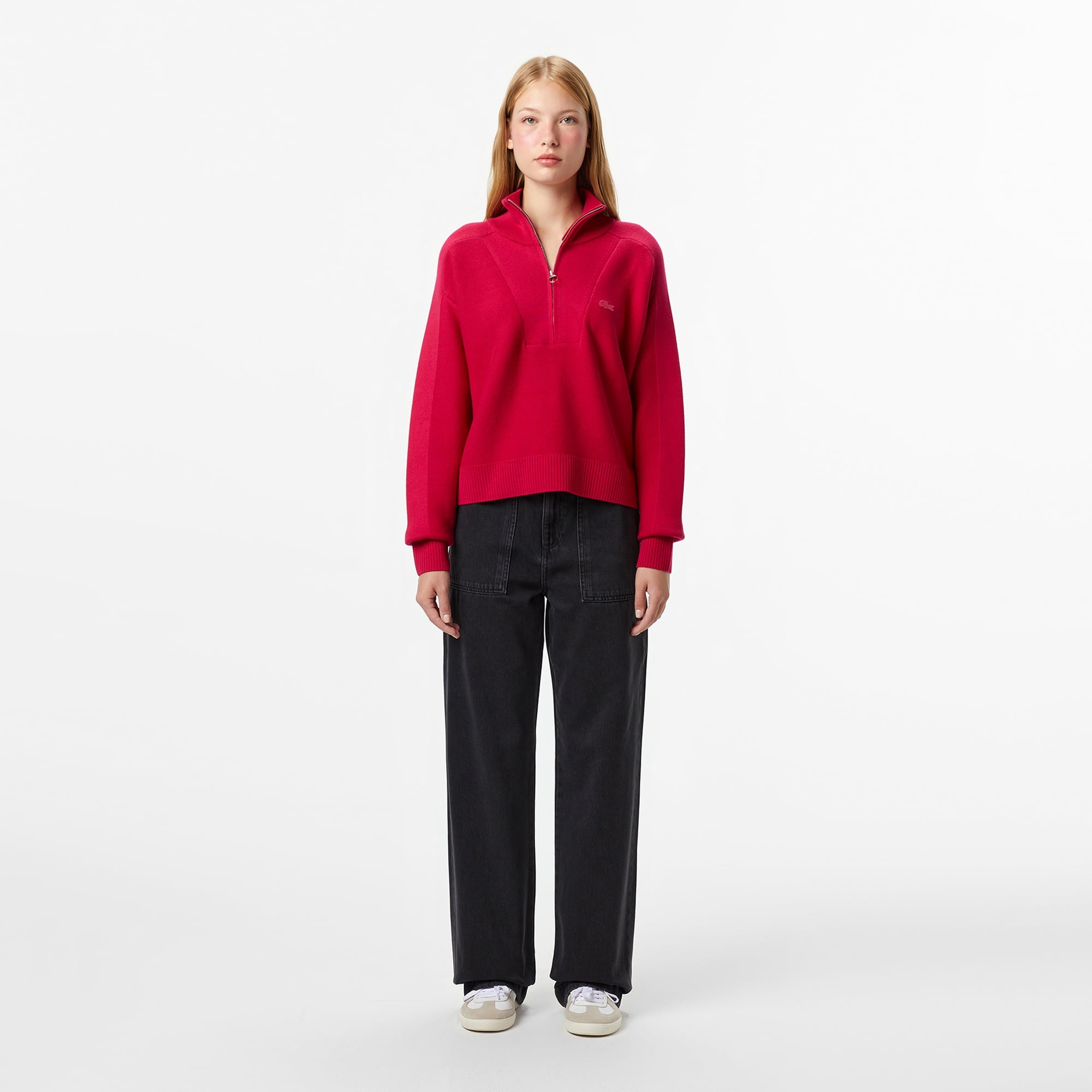 Kadın Classic Fit Yarım Fermuarlı Kırmızı Kazak