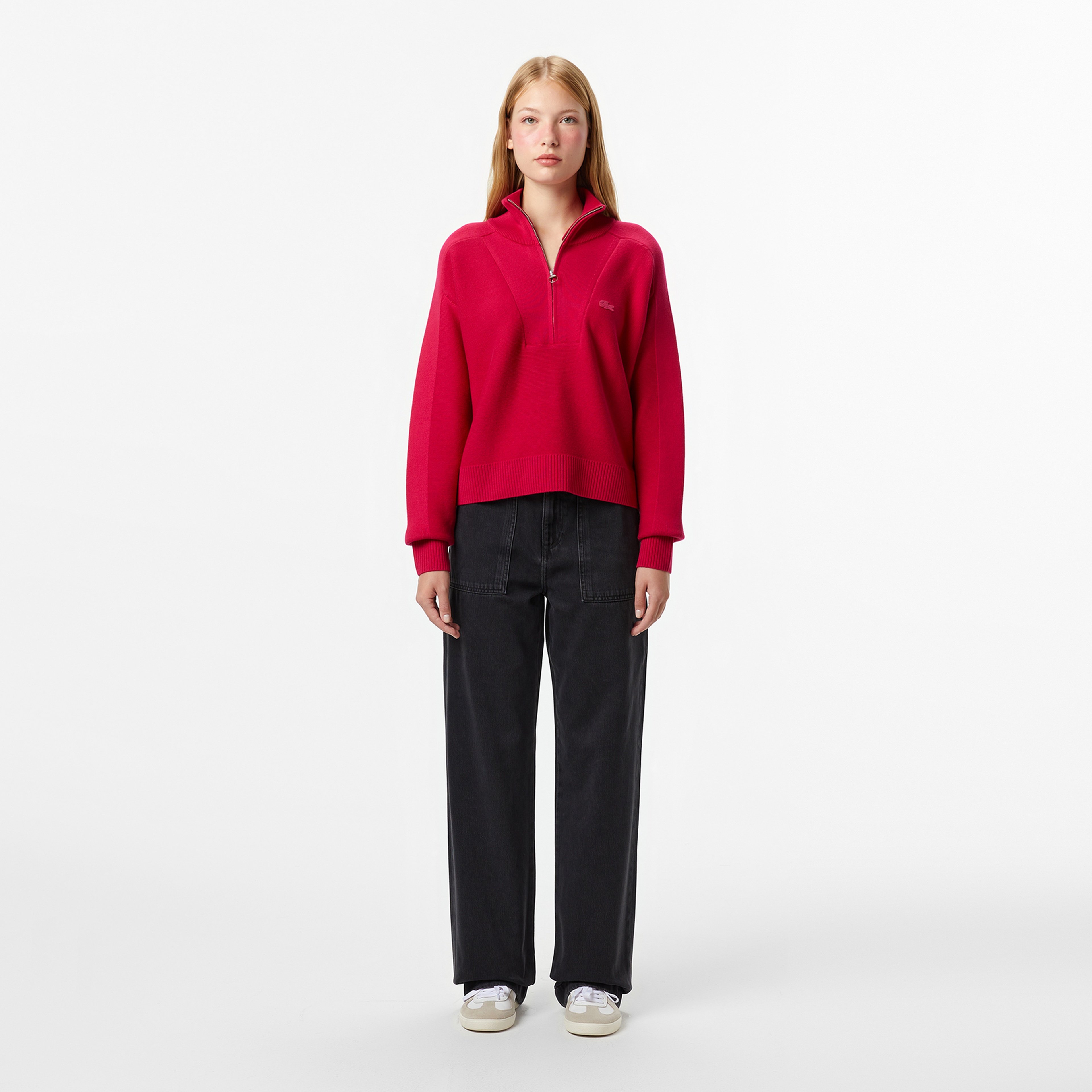 Kadın Classic Fit Yarım Fermuarlı Kırmızı Kazak