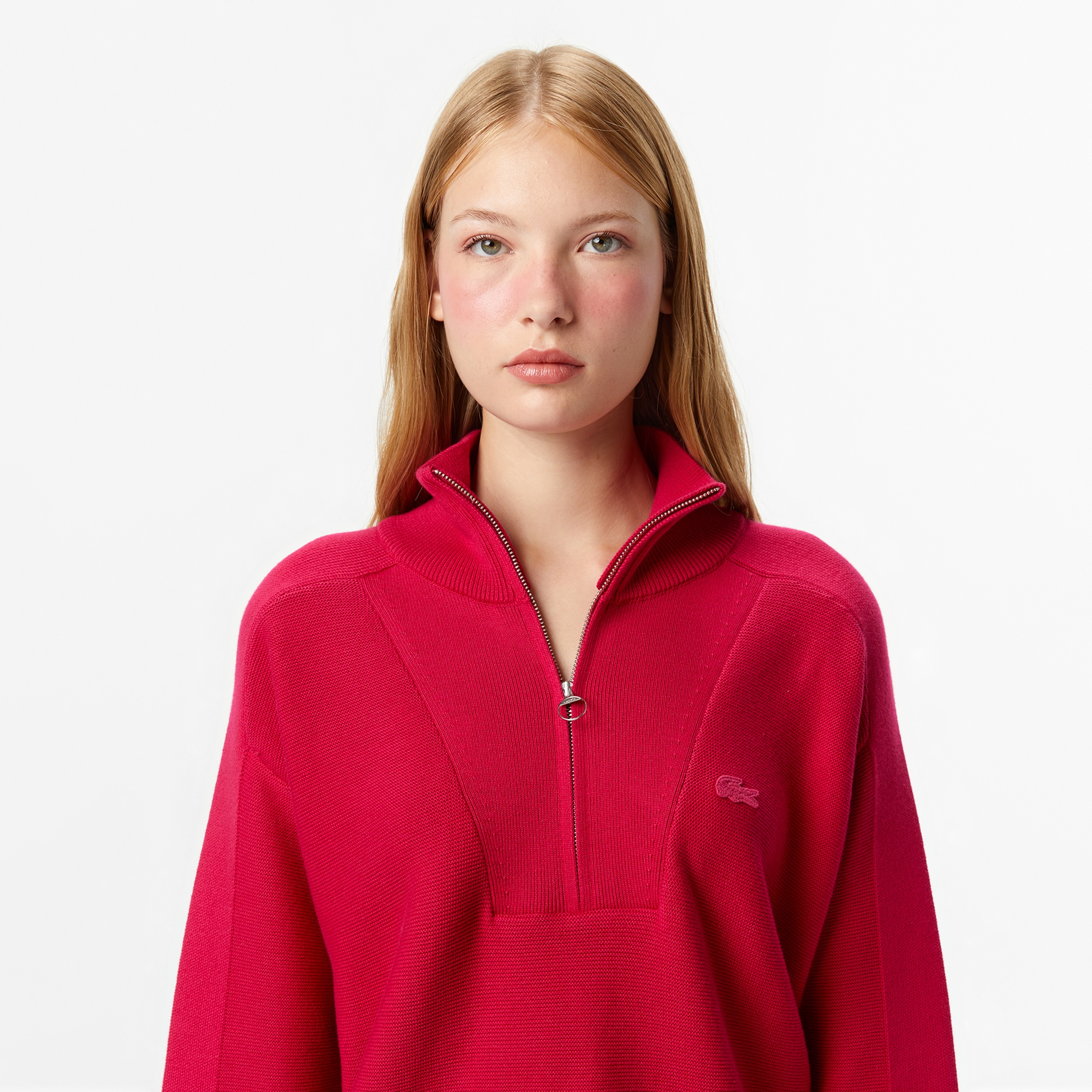 Kadın Classic Fit Yarım Fermuarlı Kırmızı Kazak