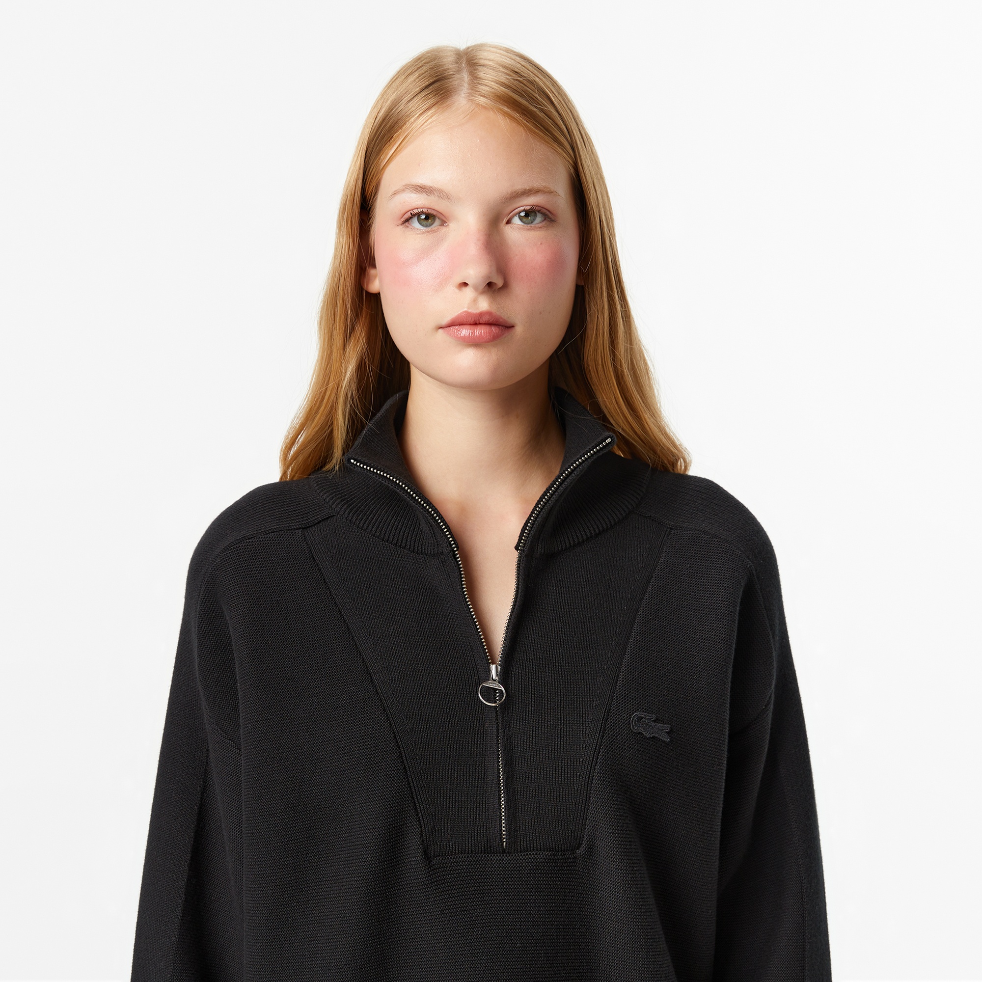 Kadın Classic Fit Yarım Fermuarlı Siyah Kazak