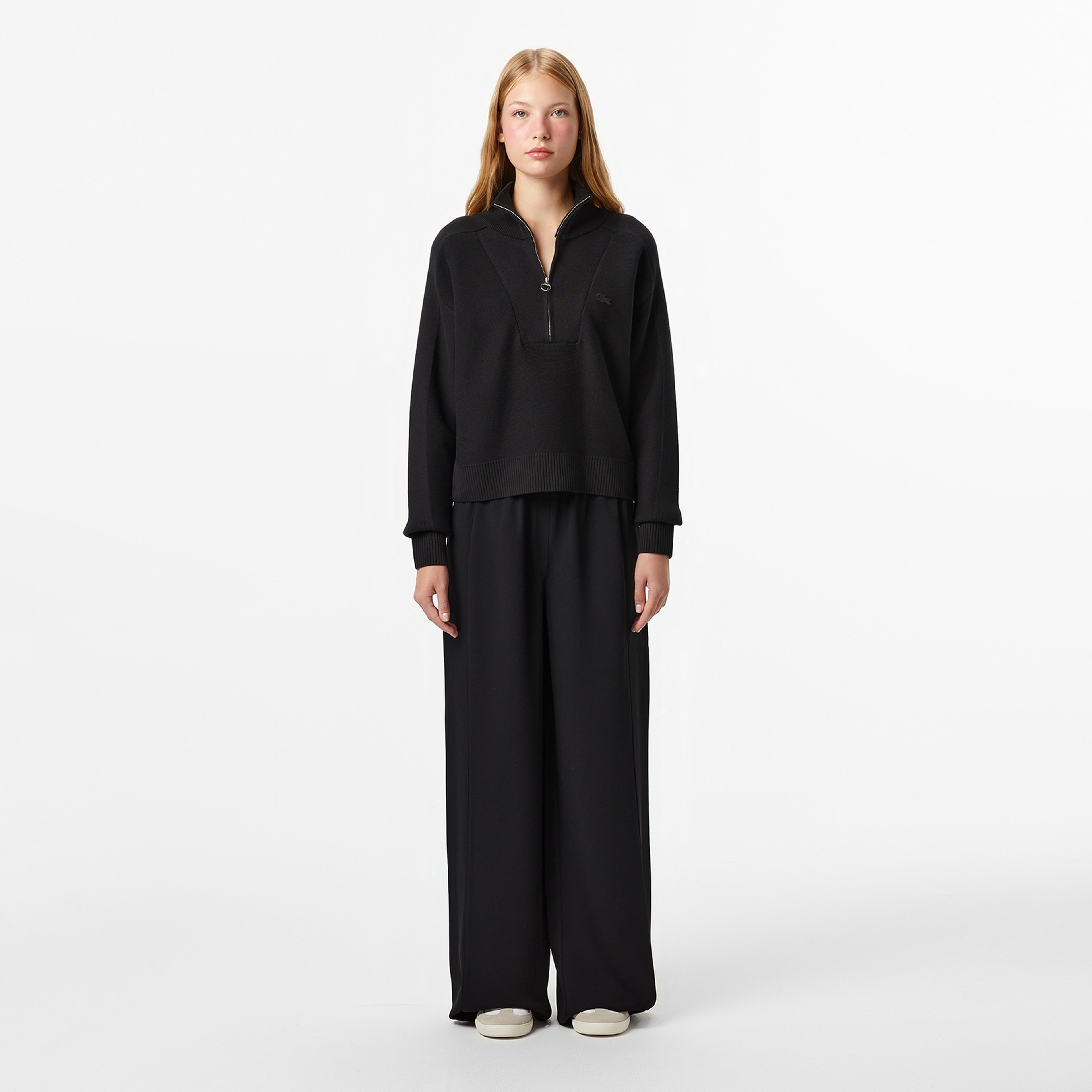 Kadın Classic Fit Yarım Fermuarlı Siyah Kazak