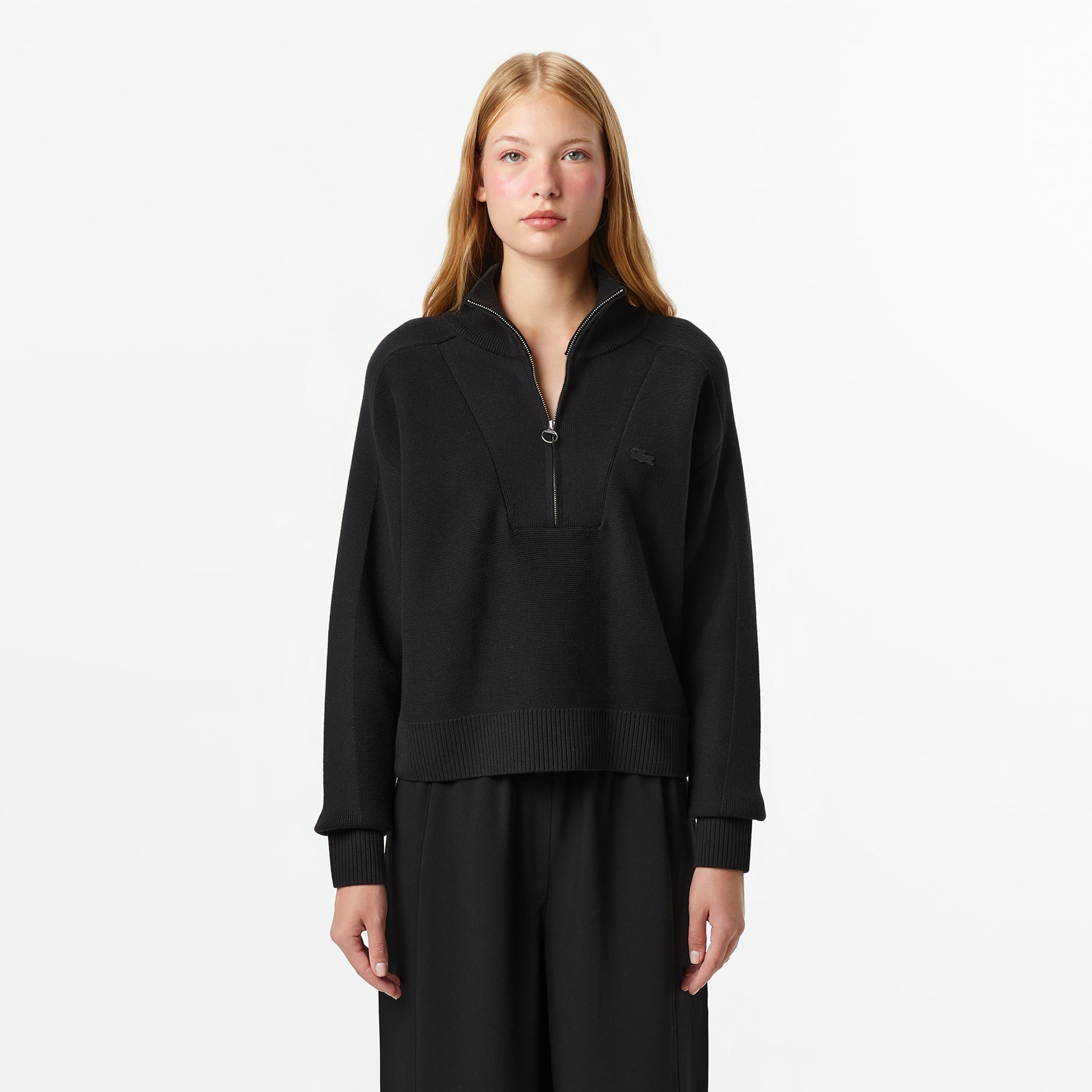 Kadın Classic Fit Yarım Fermuarlı Siyah Kazak