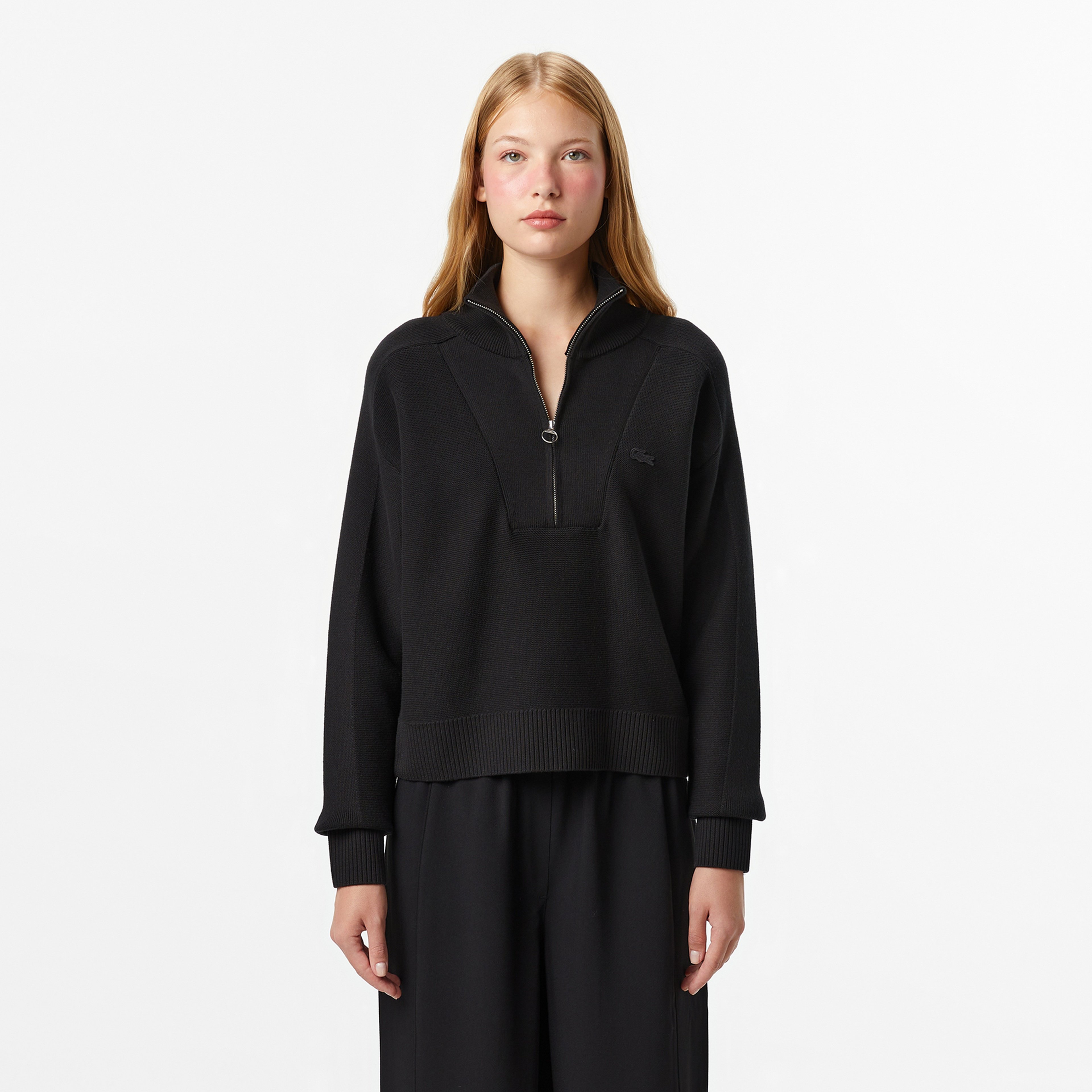 Kadın Classic Fit Yarım Fermuarlı Siyah Kazak