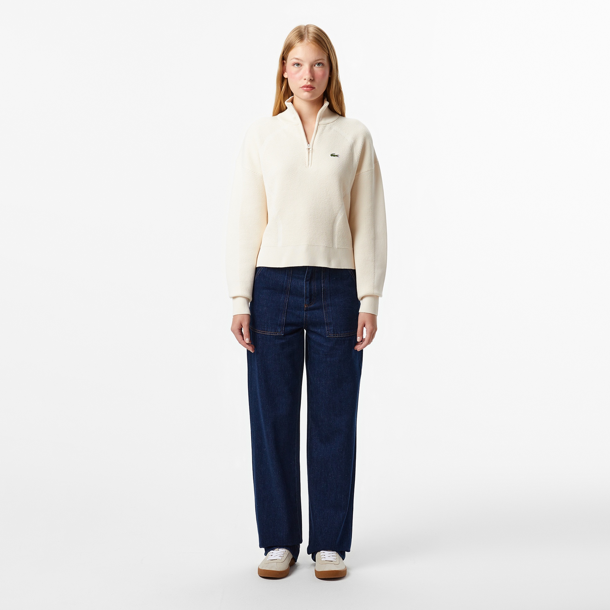 Kadın Relaxed Fit Yarım Fermuarlı Krem Kazak