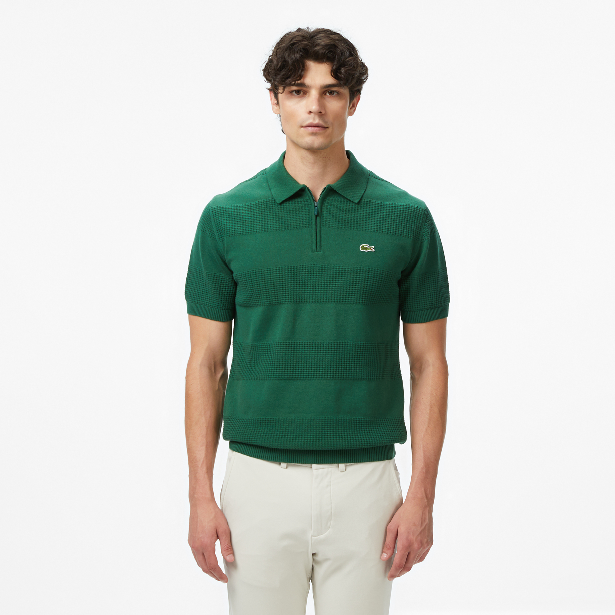 Erkek Classic Fit Kısa Kollu Polo Yaka Desenli Yeşil Triko AH2618
