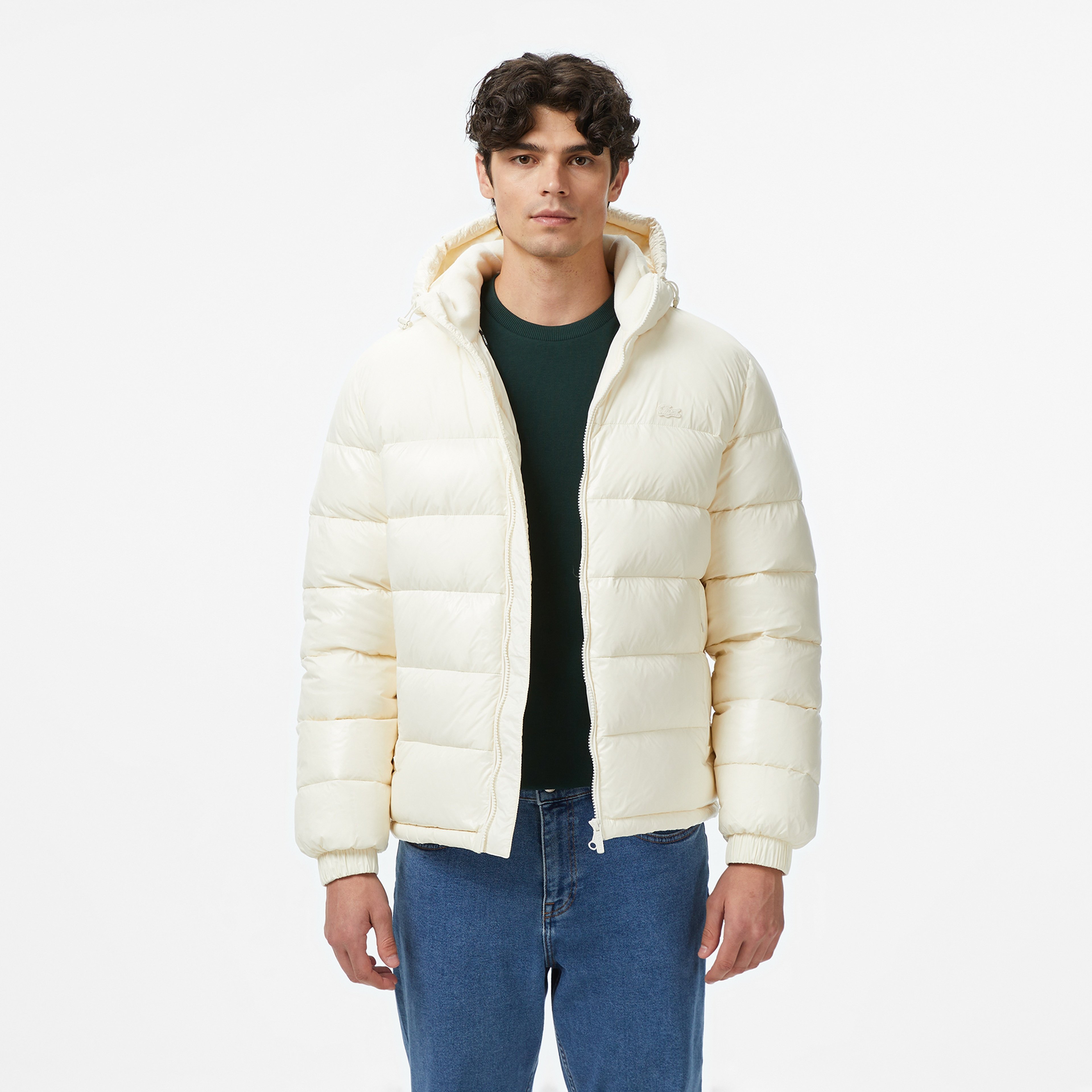 Erkek Relaxed Fit Kapüşonlu Beyaz Mont