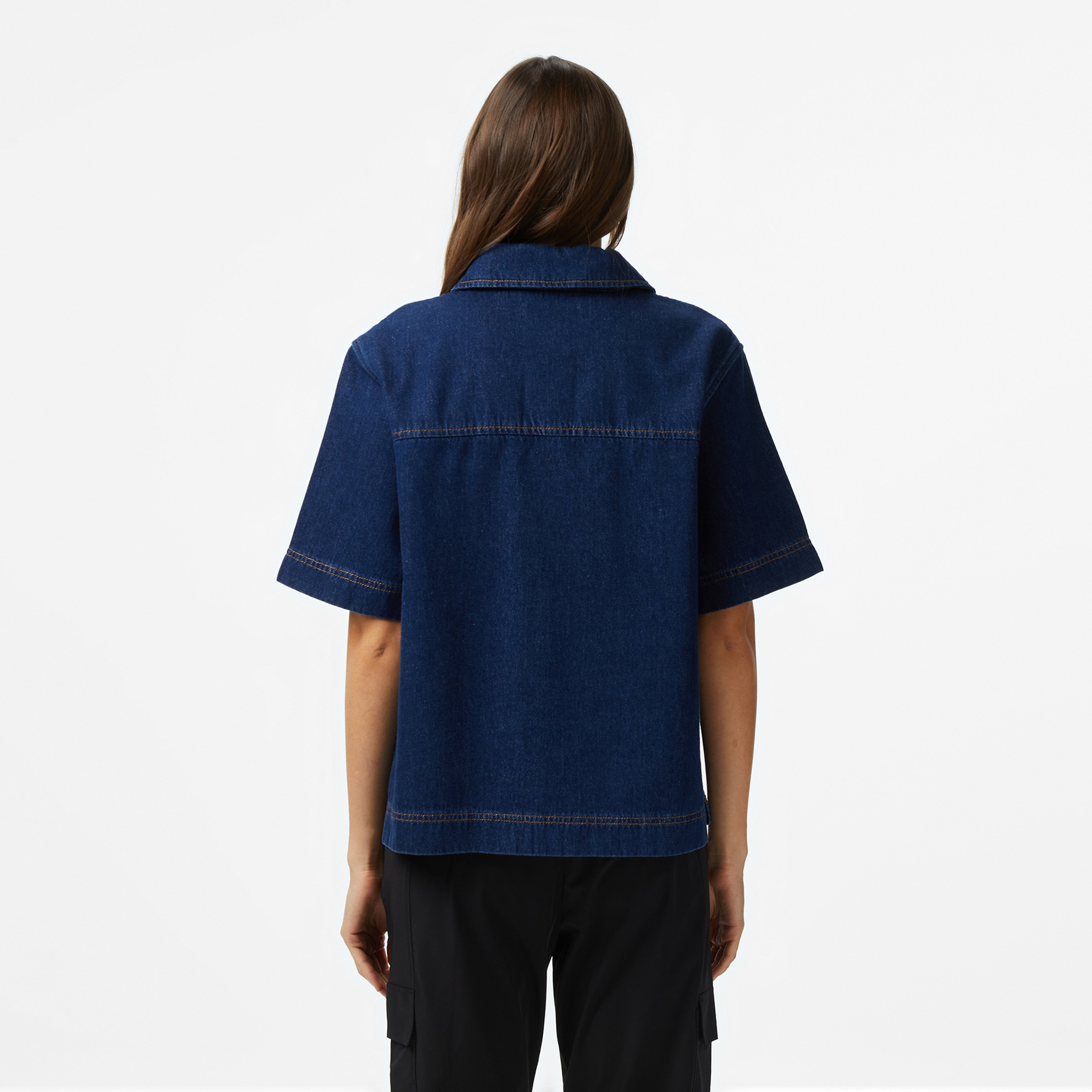 Kadın Truvakar Kollu Polo Yaka Mavi Bluz