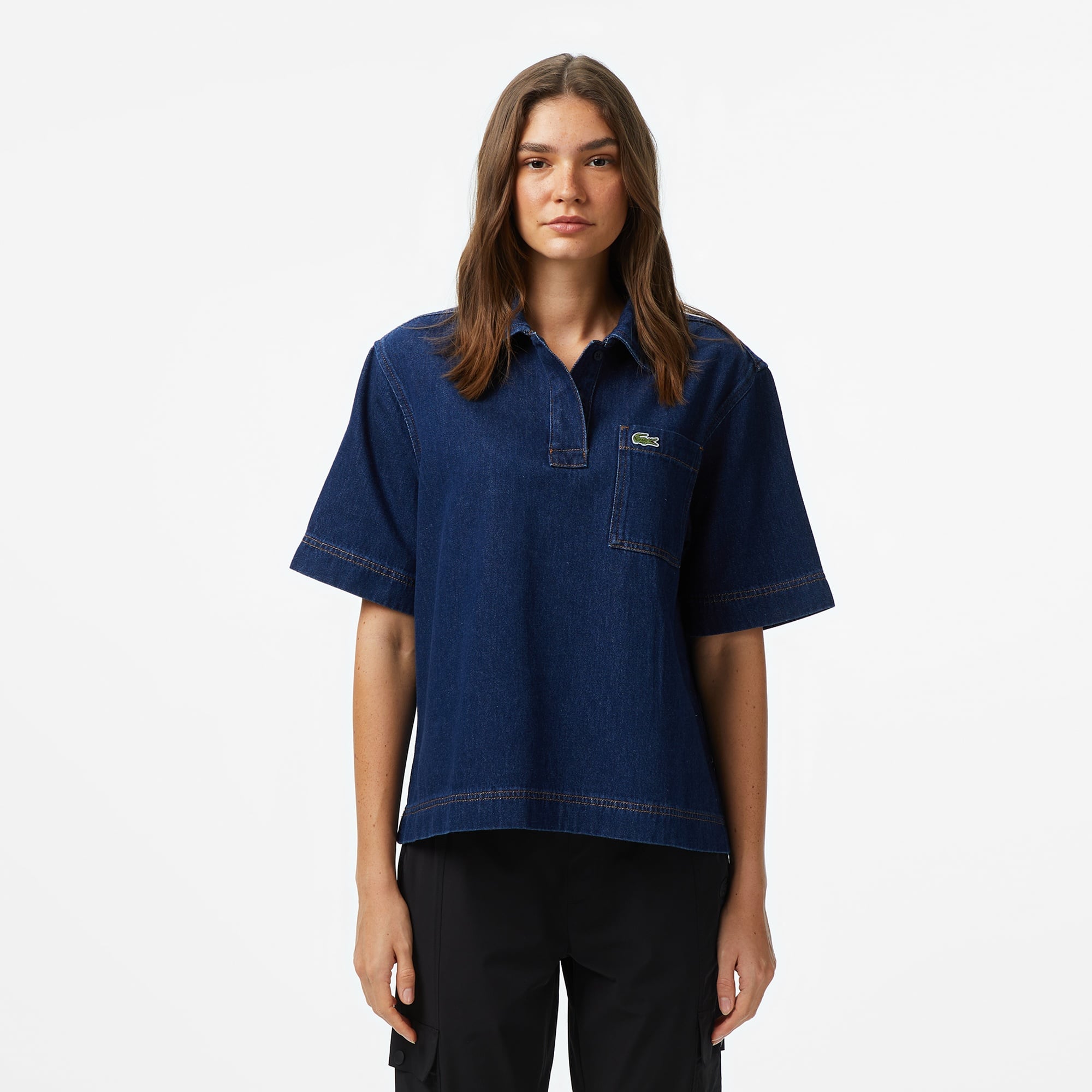 Kadın Truvakar Kollu Polo Yaka Mavi Bluz