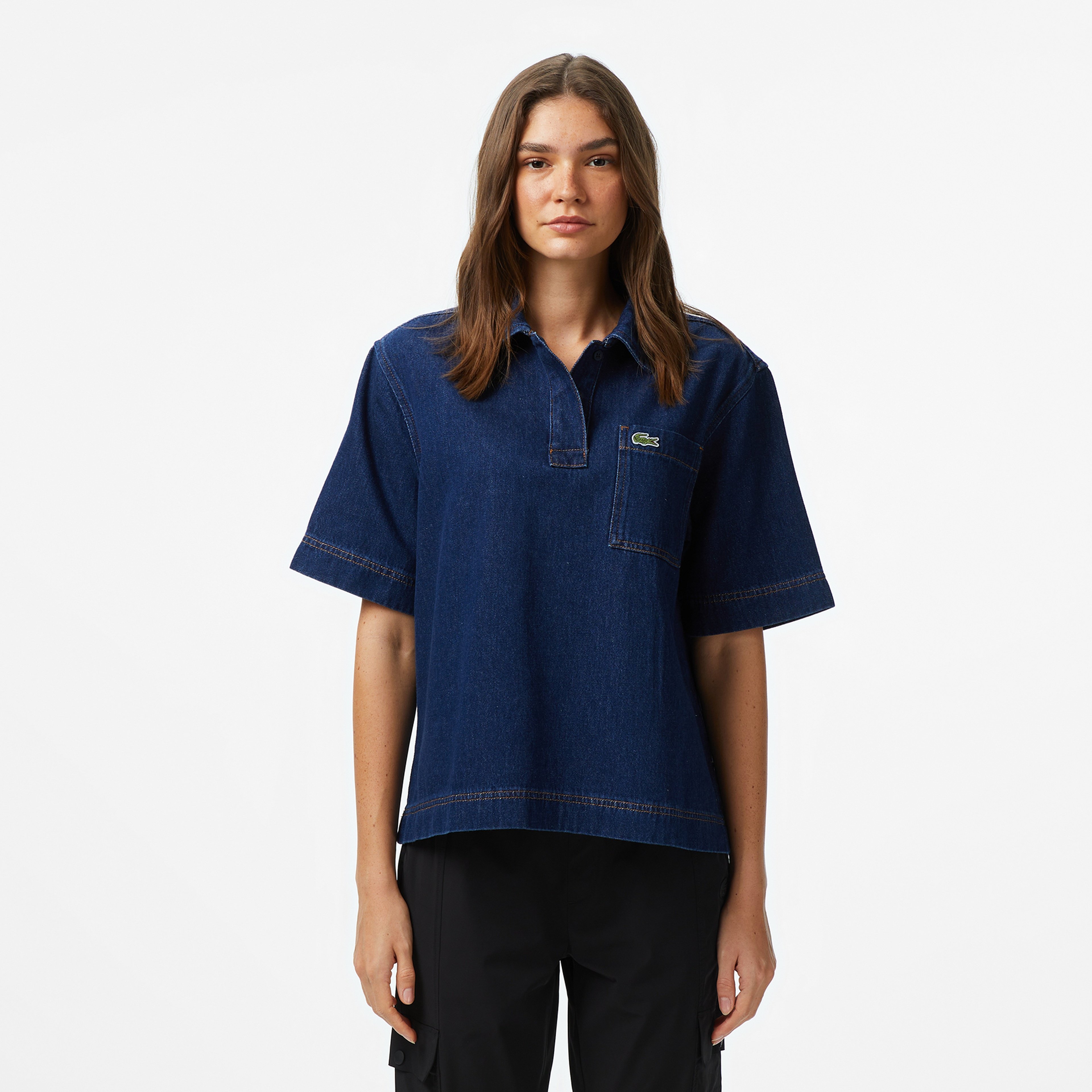 Kadın Truvakar Kollu Polo Yaka Mavi Bluz