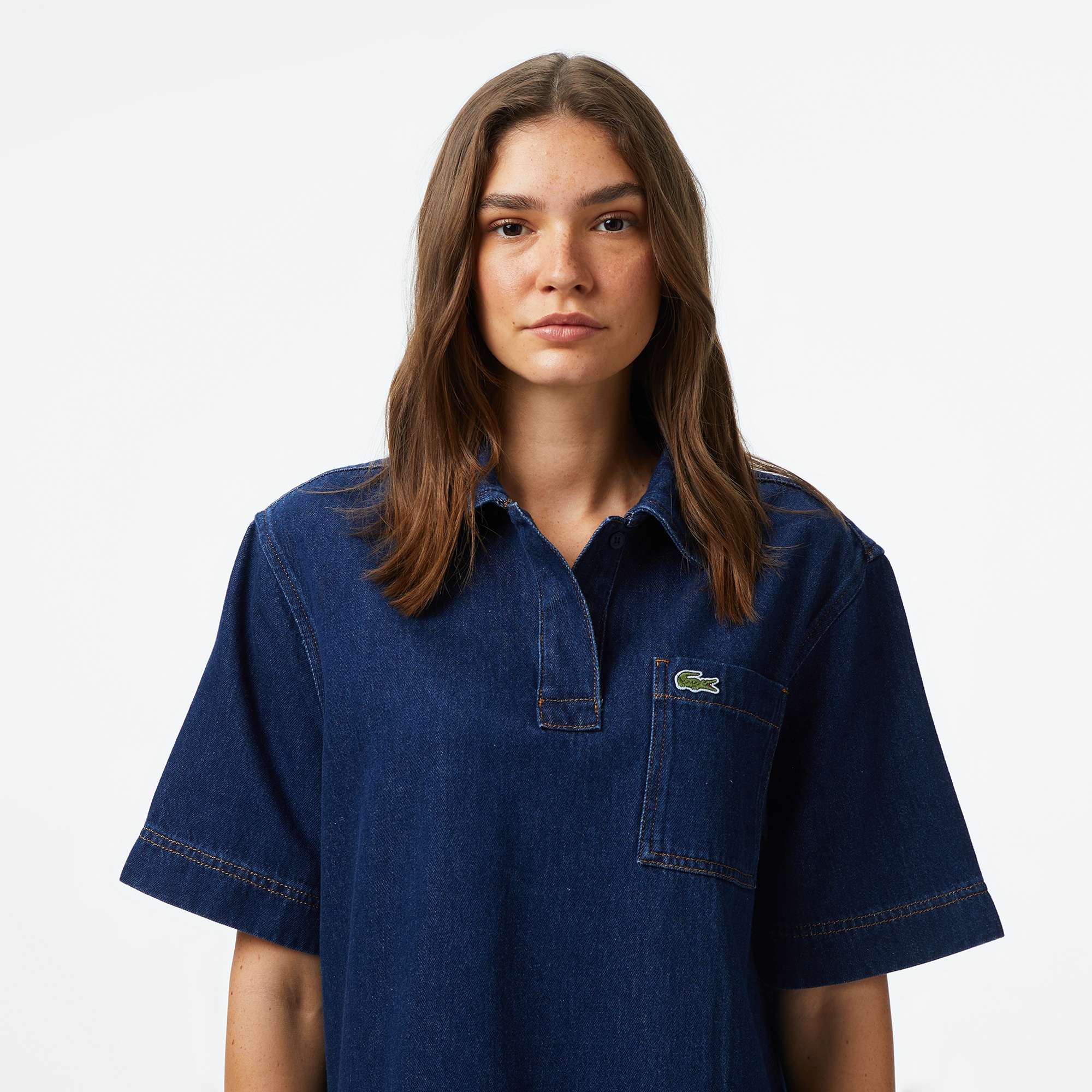 Kadın Truvakar Kollu Polo Yaka Mavi Bluz