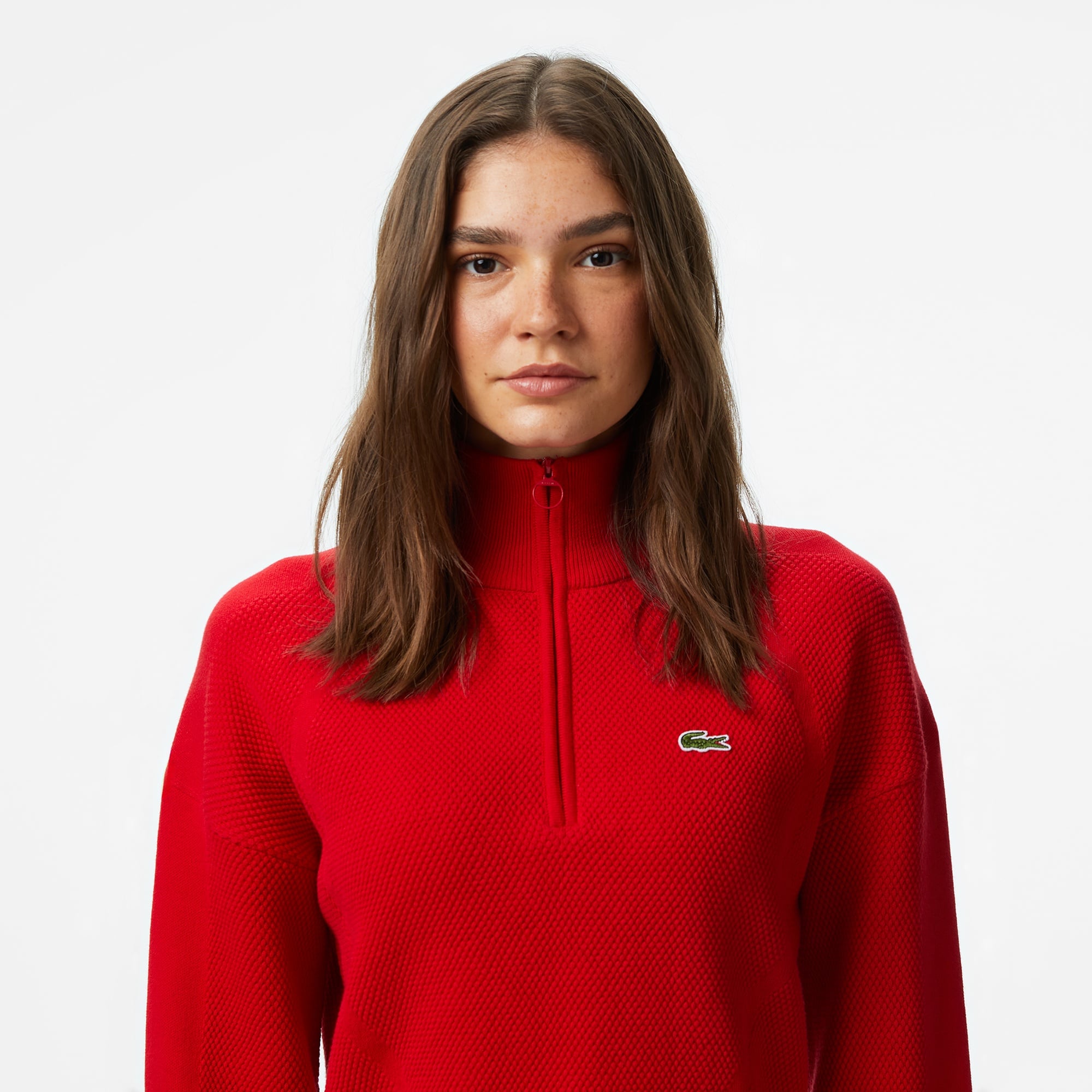 Kadın Relaxed Fit Yarım Fermuarlı Kırmızı Kazak