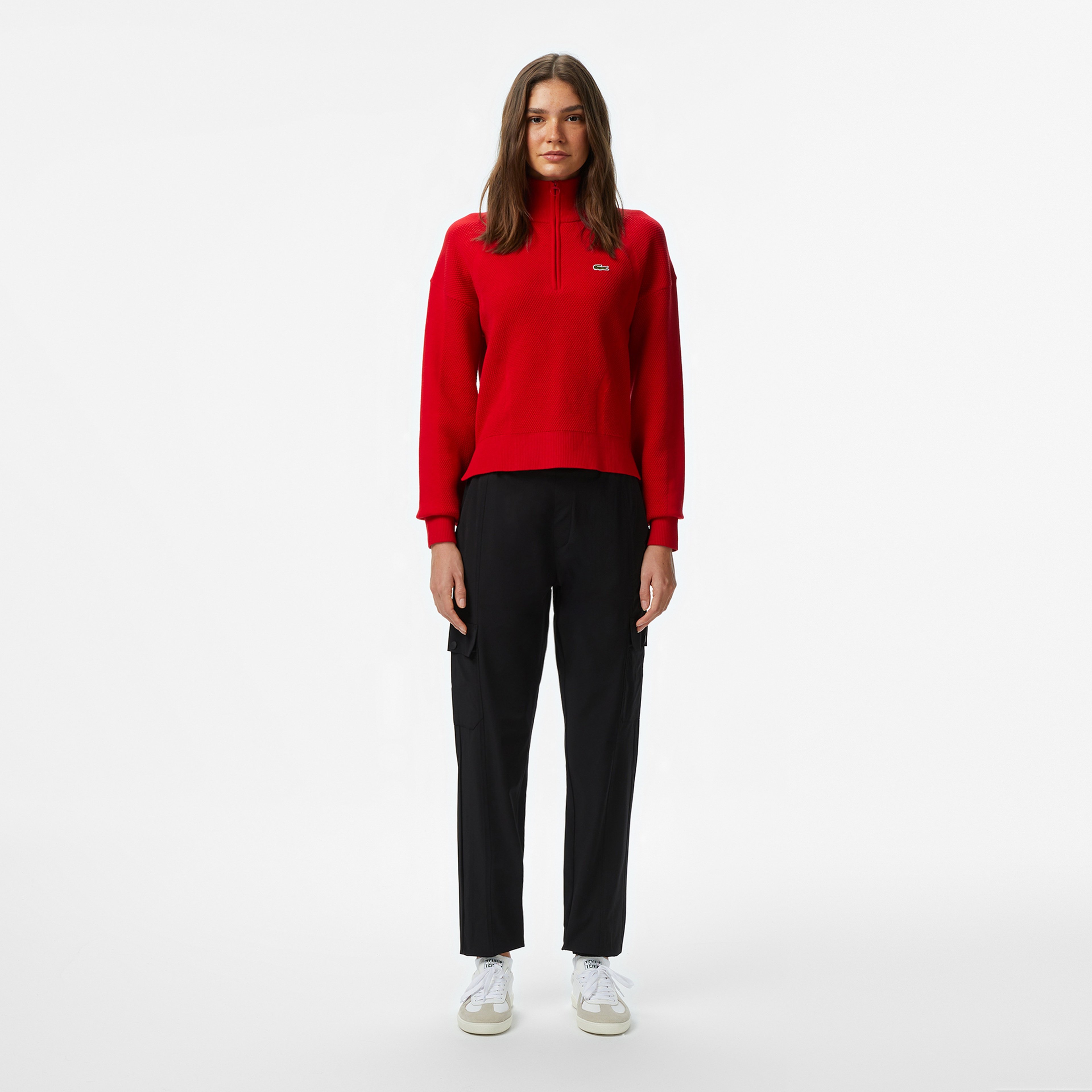 Kadın Relaxed Fit Yarım Fermuarlı Kırmızı Kazak