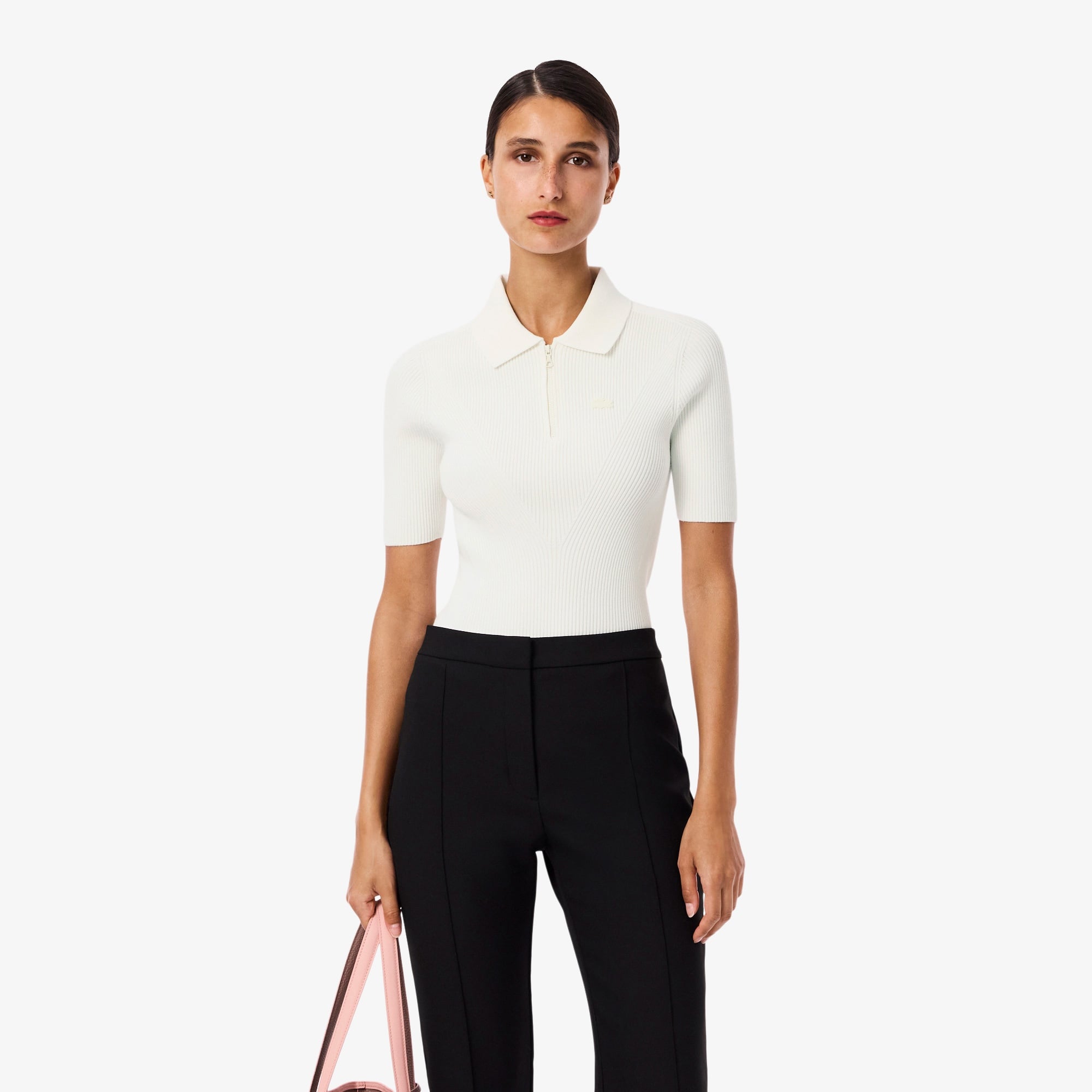 Kadın Slim Fit Polo Yaka Beyaz Triko