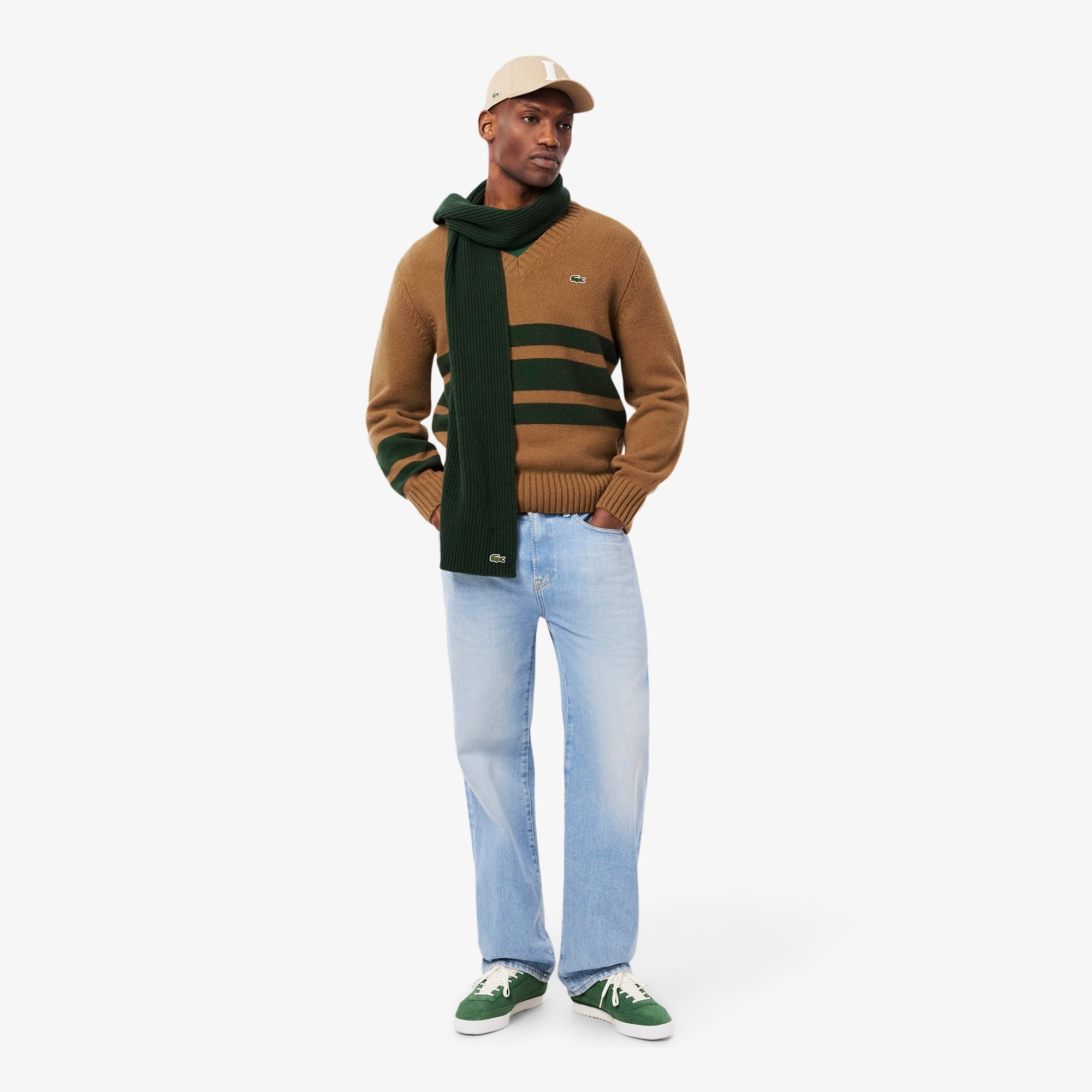 Erkek Classic Fit V Yaka Çizgili Kahverengi Kazak