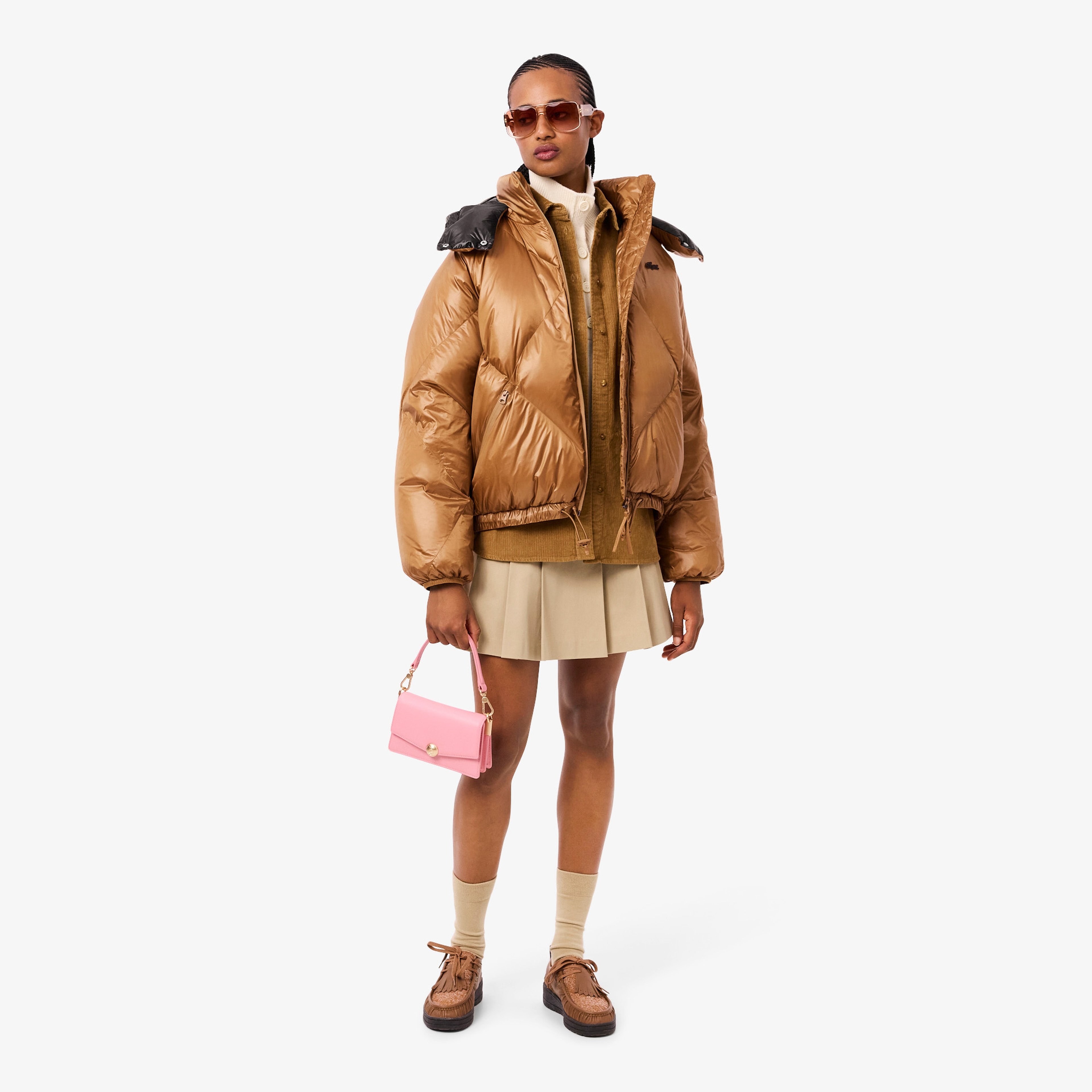 Kadın Oversize Fit Kapüşonlu Kapitone Açık Kahverengi Mont