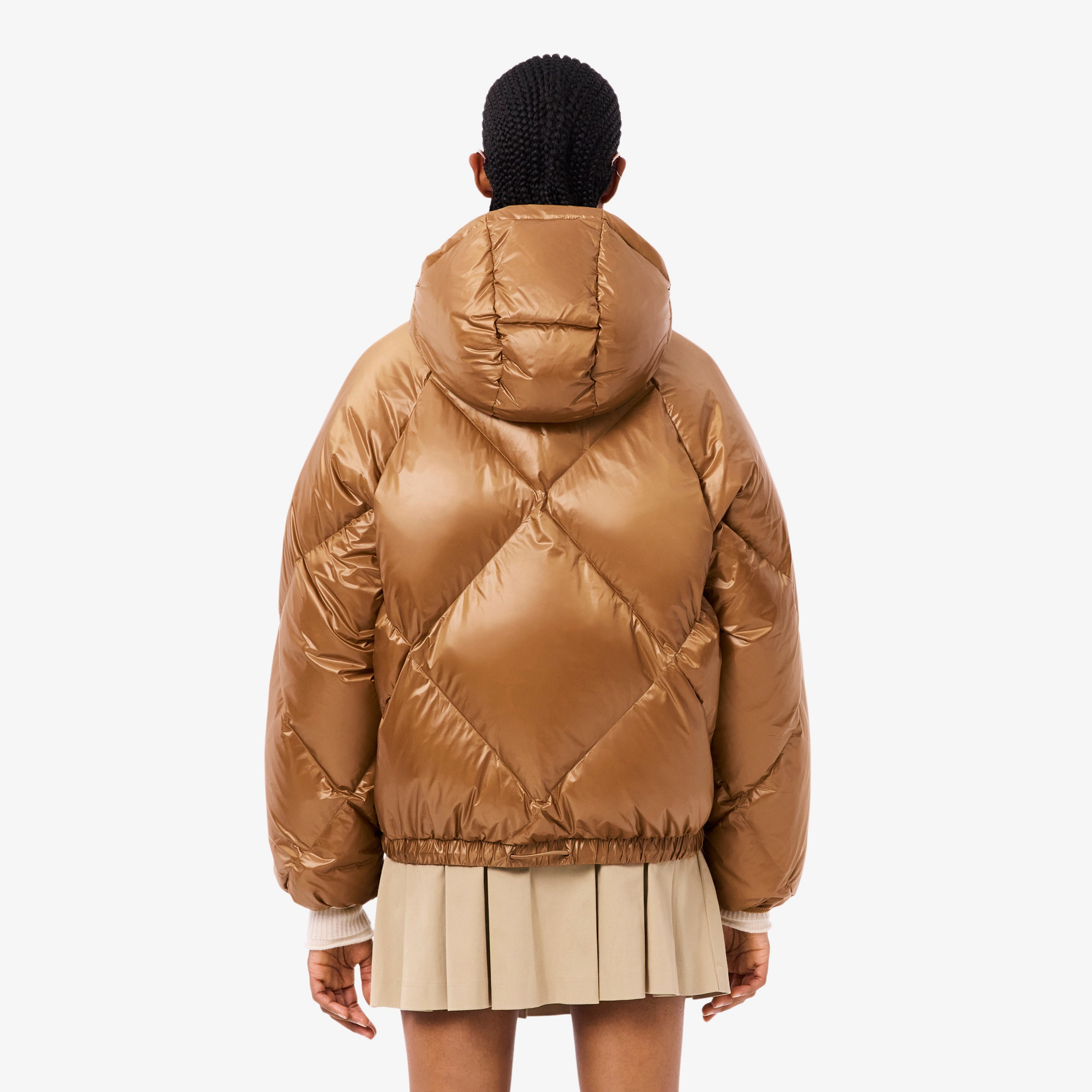 Kadın Oversize Fit Kapüşonlu Kapitone Açık Kahverengi Mont