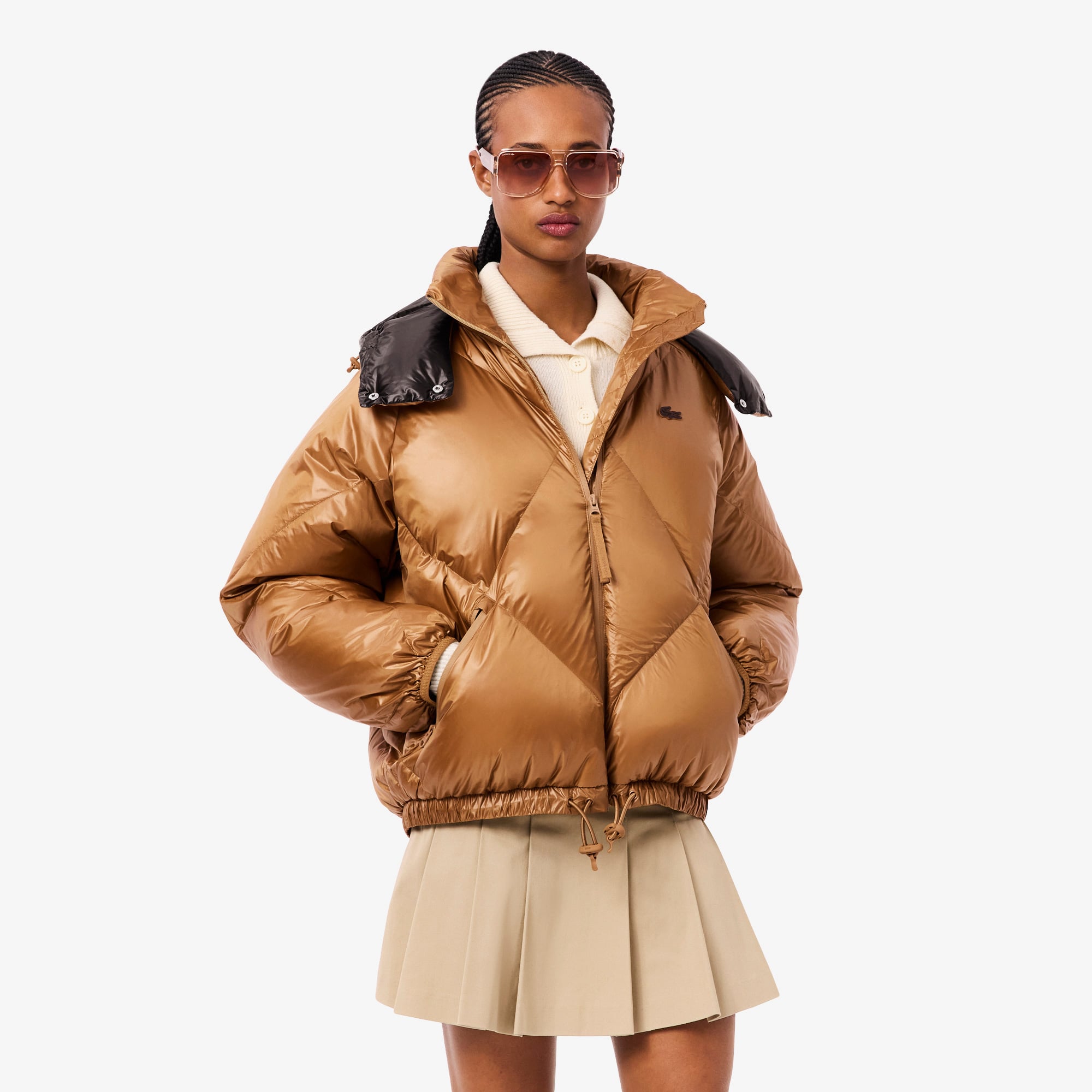 Kadın Oversize Fit Kapüşonlu Kapitone Açık Kahverengi Mont BF5326