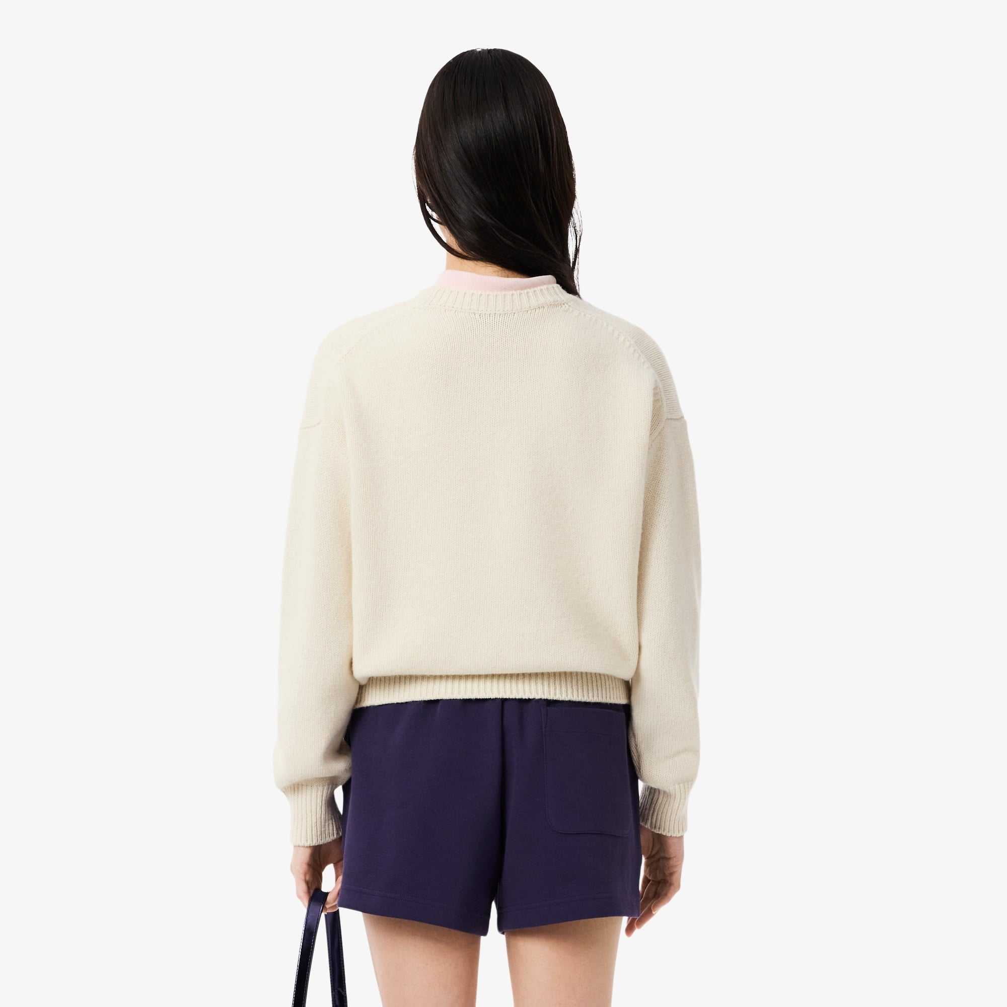 Kadın Classic Fit Bisiklet Yaka Baskılı Yün Krem Kazak