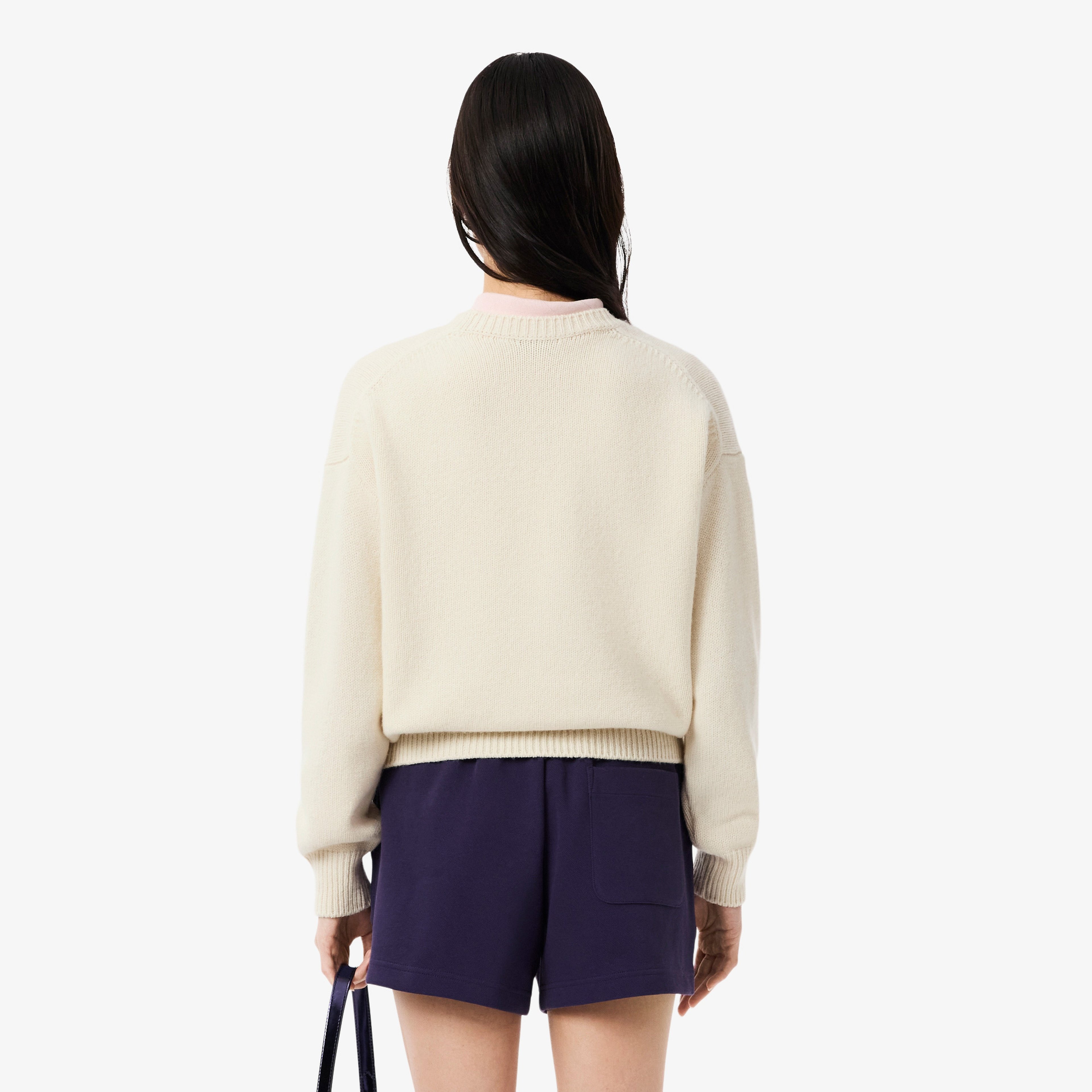 Kadın Classic Fit Bisiklet Yaka Baskılı Yün Krem Kazak