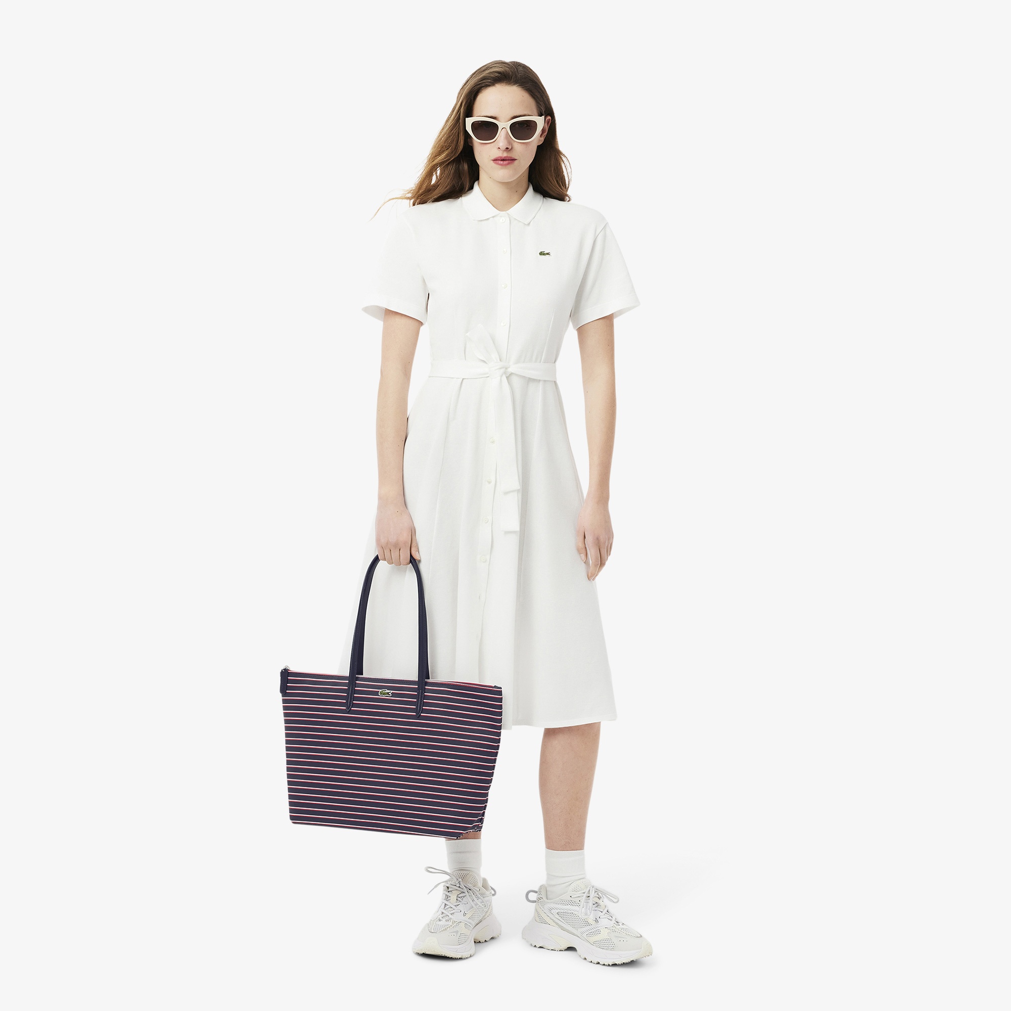 Large L.12.12 Kadın Çizgili Siyah Omuz Çantası