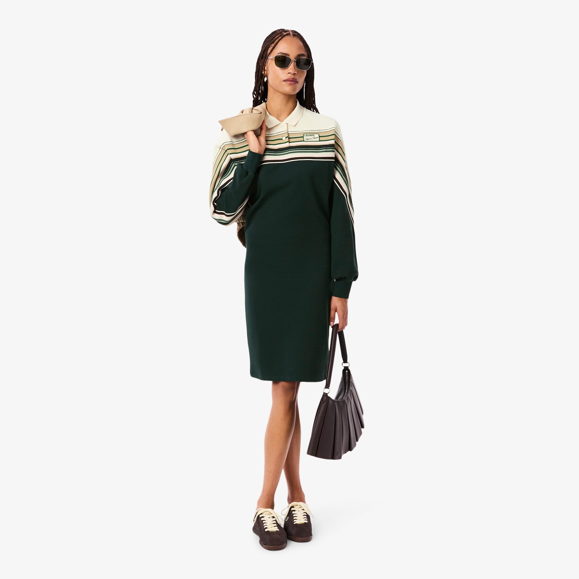 Kadın Slim Fit Uzun Kollu Polo Yaka Renk Bloklu Koyu Yeşil Elbise