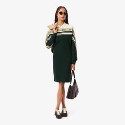 Kadın Slim Fit Uzun Kollu Polo Yaka Renk Bloklu Koyu Yeşil Elbise Yeşil