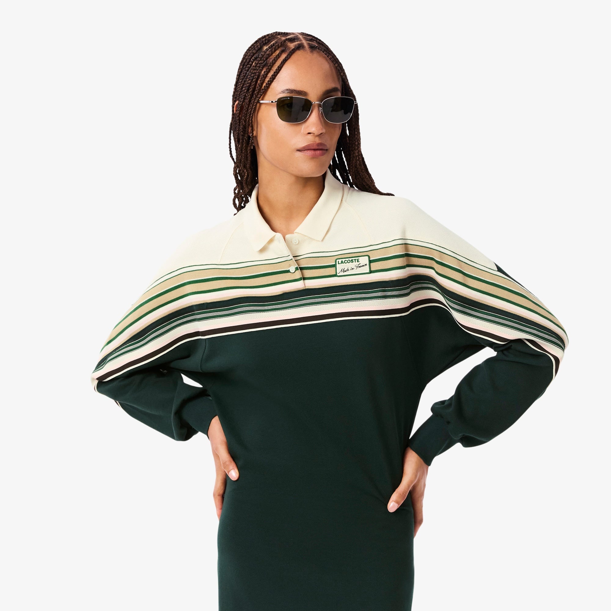 Kadın Slim Fit Uzun Kollu Polo Yaka Renk Bloklu Koyu Yeşil Elbise