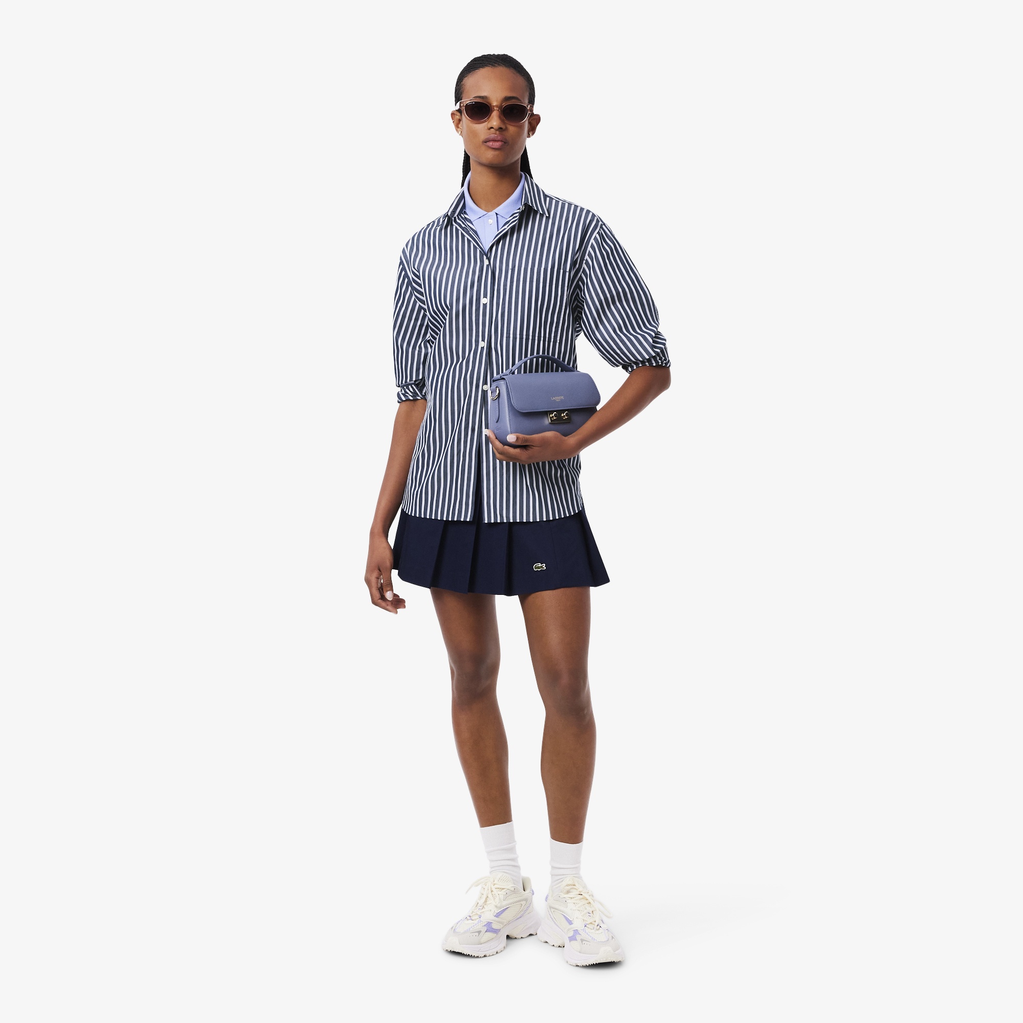 Kadın Oversize Fit Düğmesiz Yaka Çizgili Lacivert Gömlek