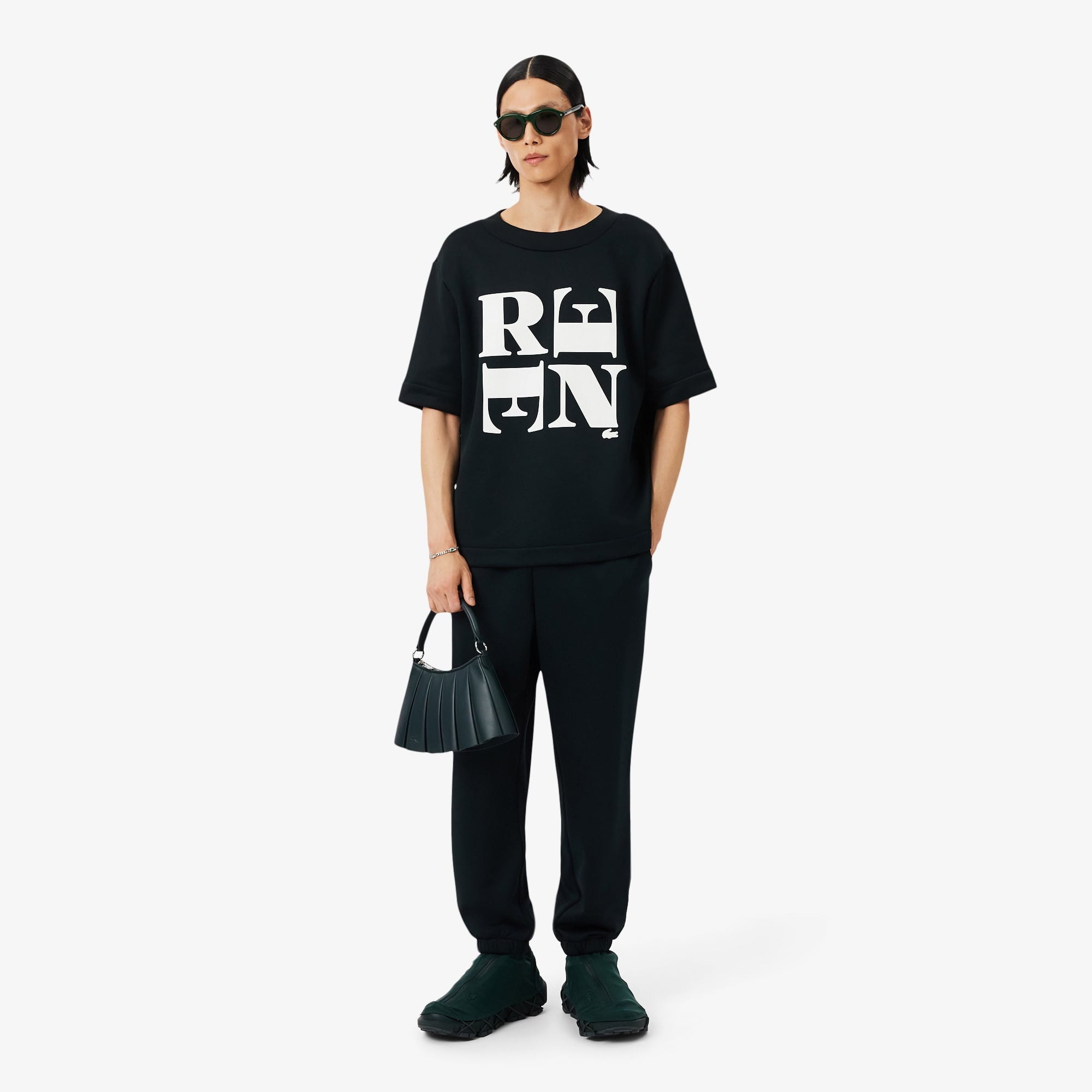 FW25 RUNWAY Unisex Relaxed Fit Bisiklet Yaka Baskılı Koyu Yeşil T-Shirt