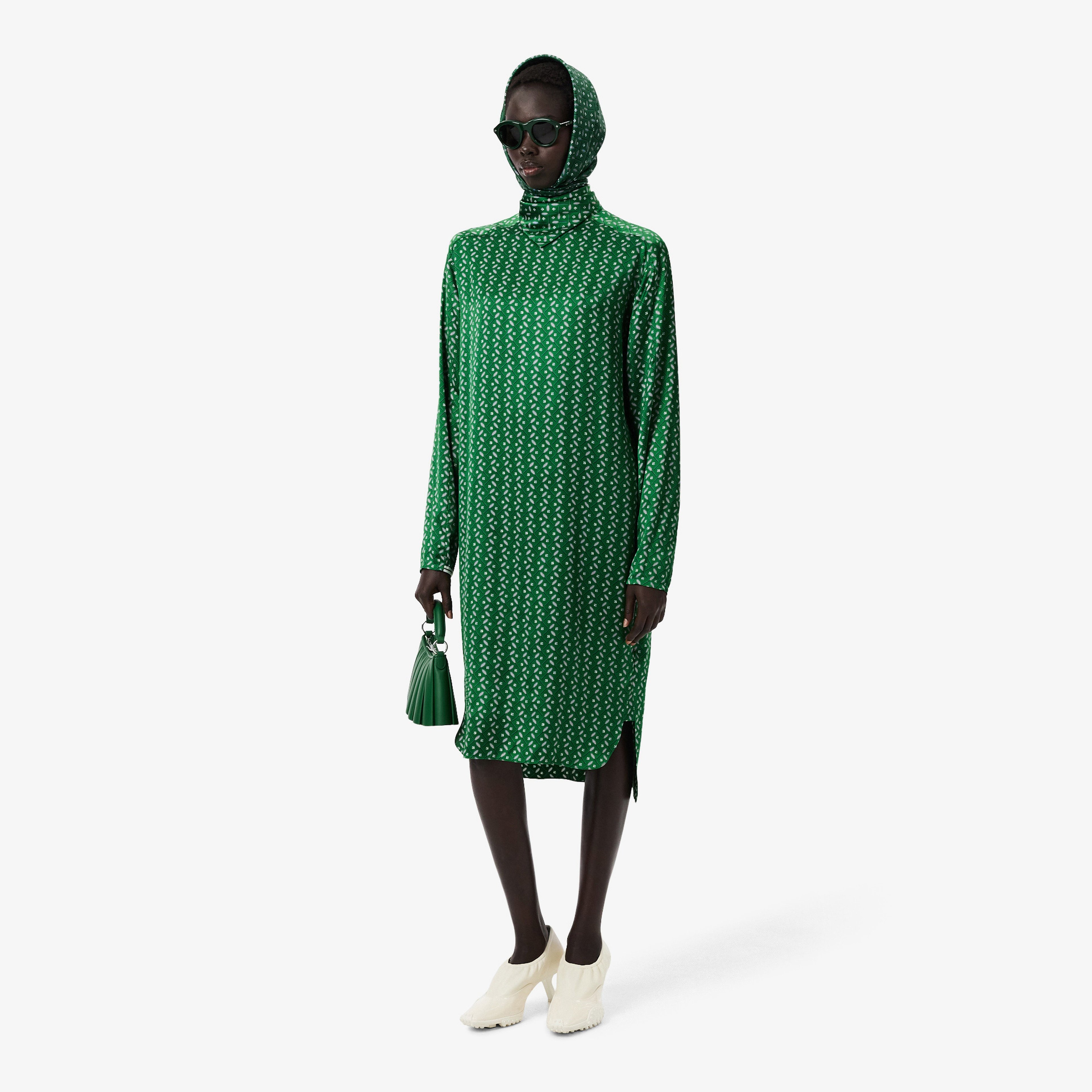 FW25 RUNWAY Kadın Dik Yaka Desenli Yeşil Elbise