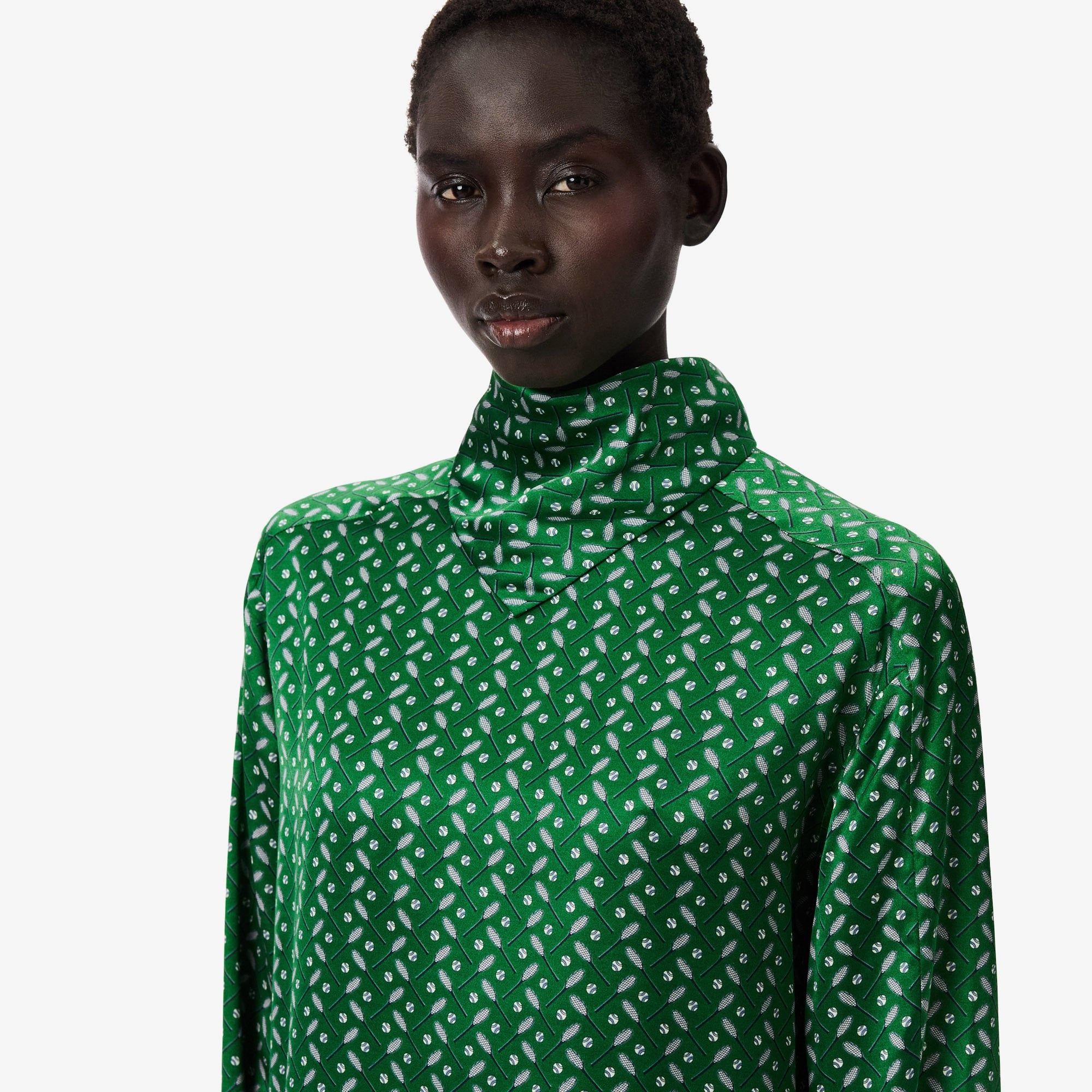 FW25 RUNWAY Kadın Dik Yaka Desenli Yeşil Elbise