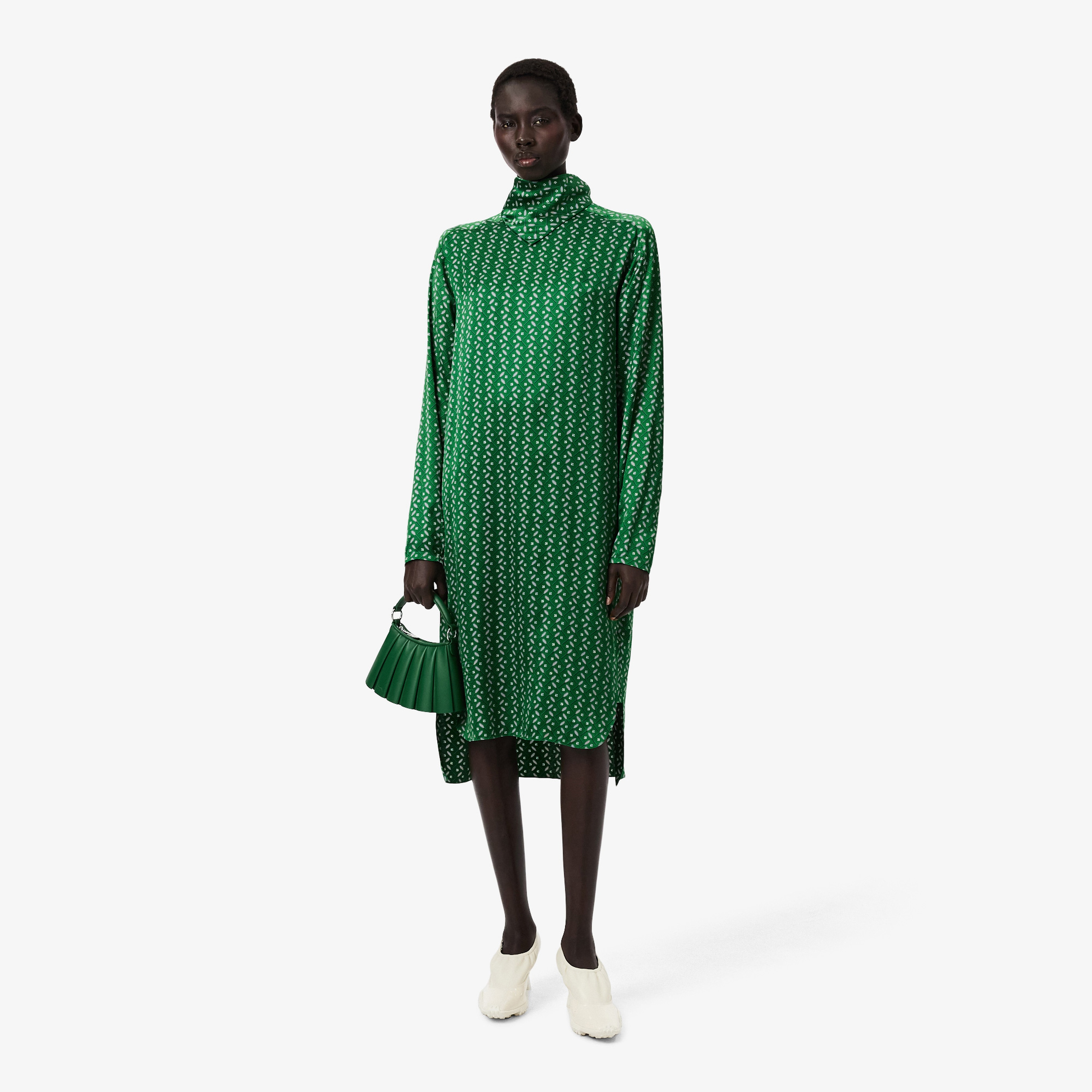 FW25 RUNWAY Kadın Dik Yaka Desenli Yeşil Elbise