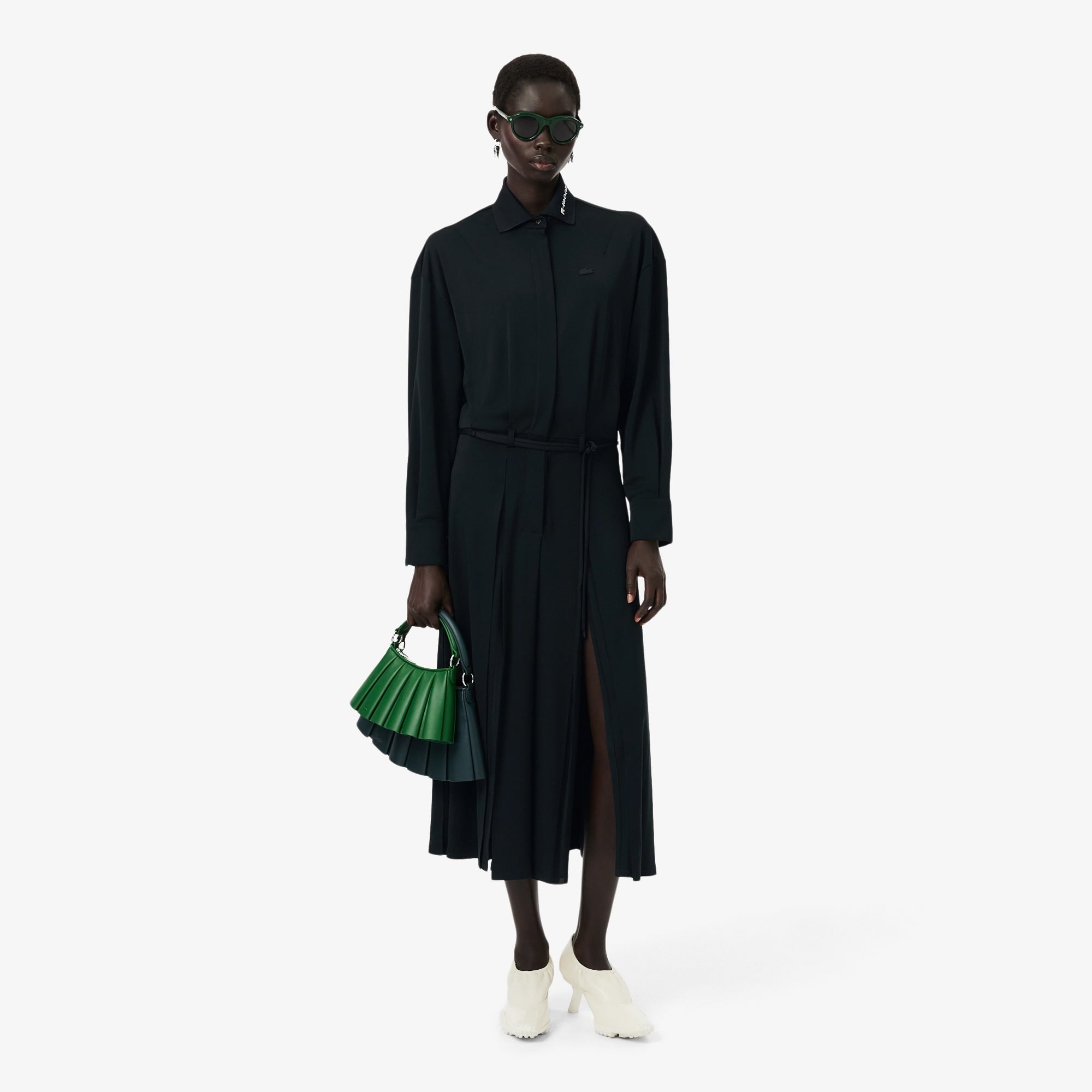 FW25 RUNWAY Kadın Polo Yaka Koyu Yeşil Elbise