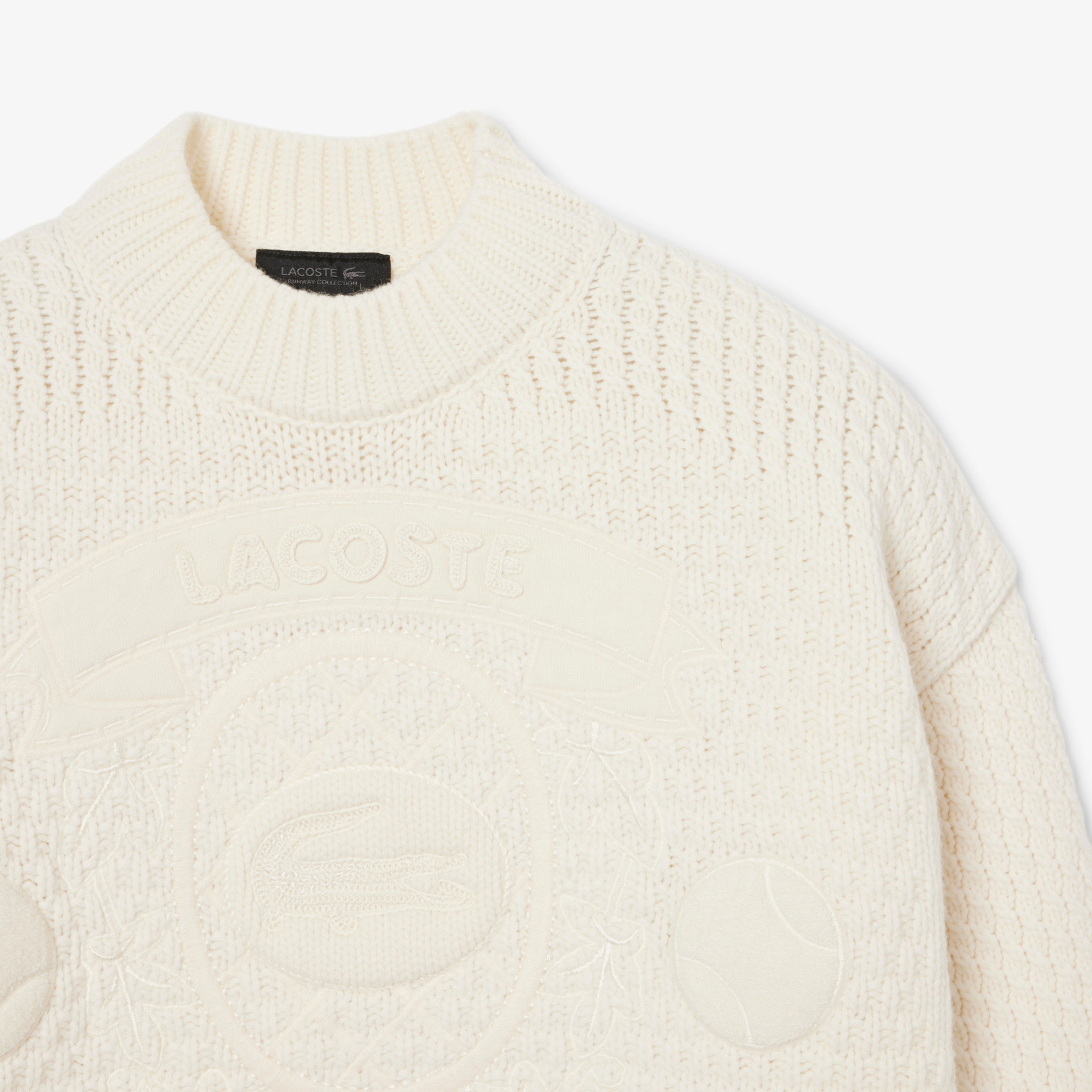 FW25 RUNWAY Erkek Oversize Fit Bisiklet Yaka Baskılı Yün Beyaz Kazak