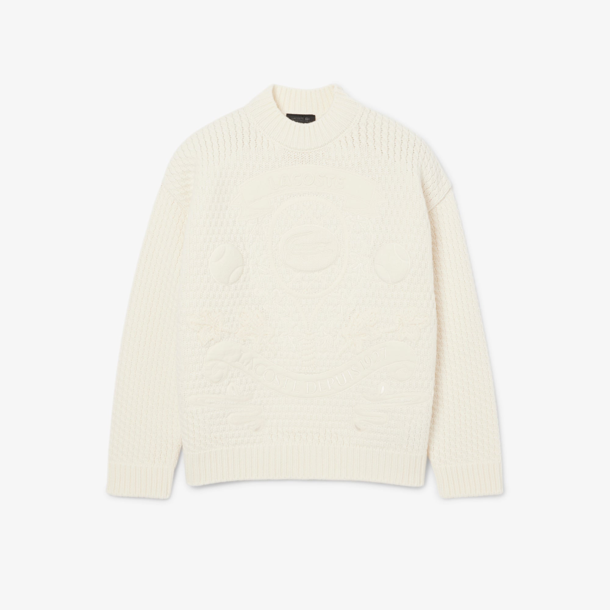 FW25 RUNWAY Erkek Oversize Fit Bisiklet Yaka Baskılı Yün Beyaz Kazak