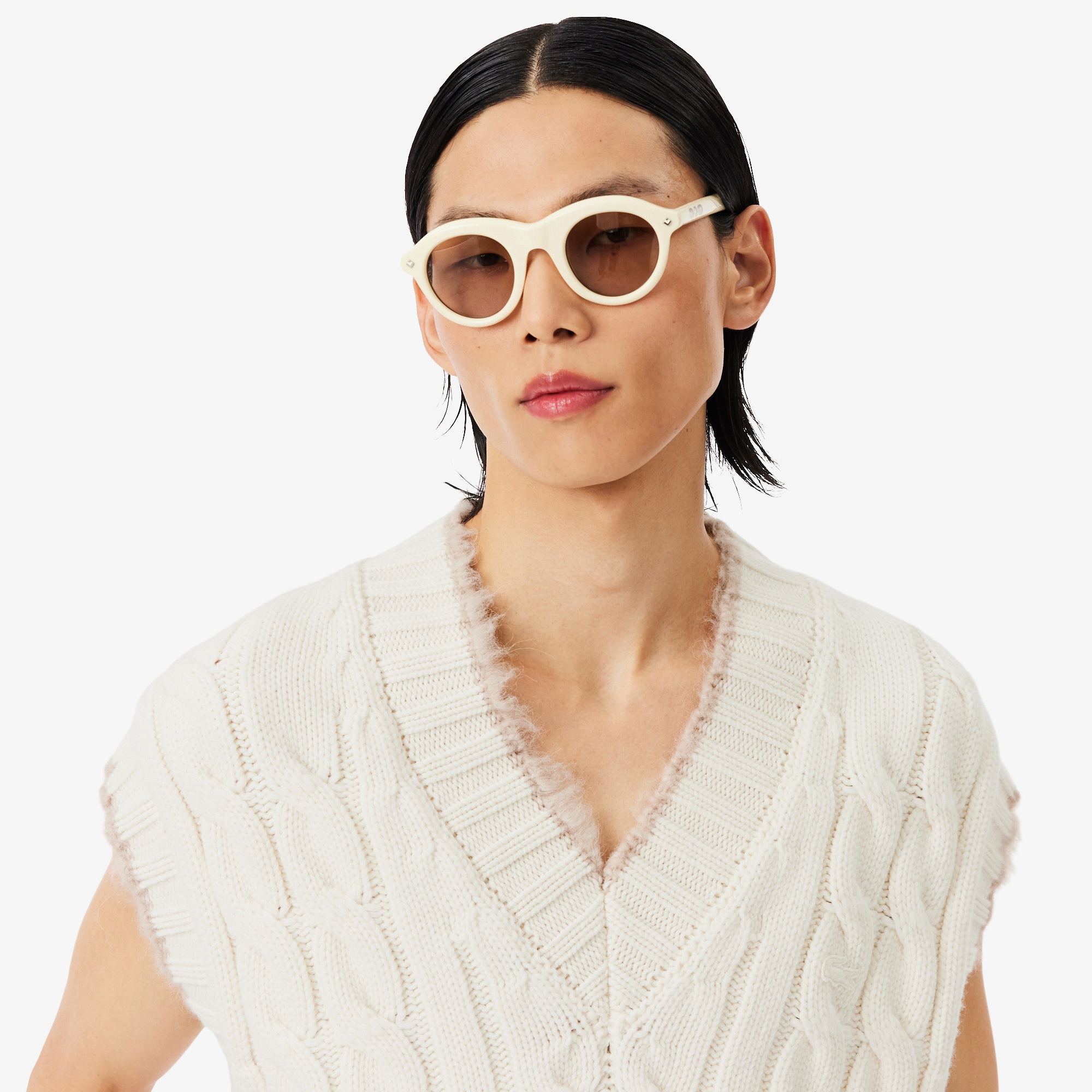 FW25 RUNWAY Erkek Regular Fit V Yaka Yün Beyaz Süveter