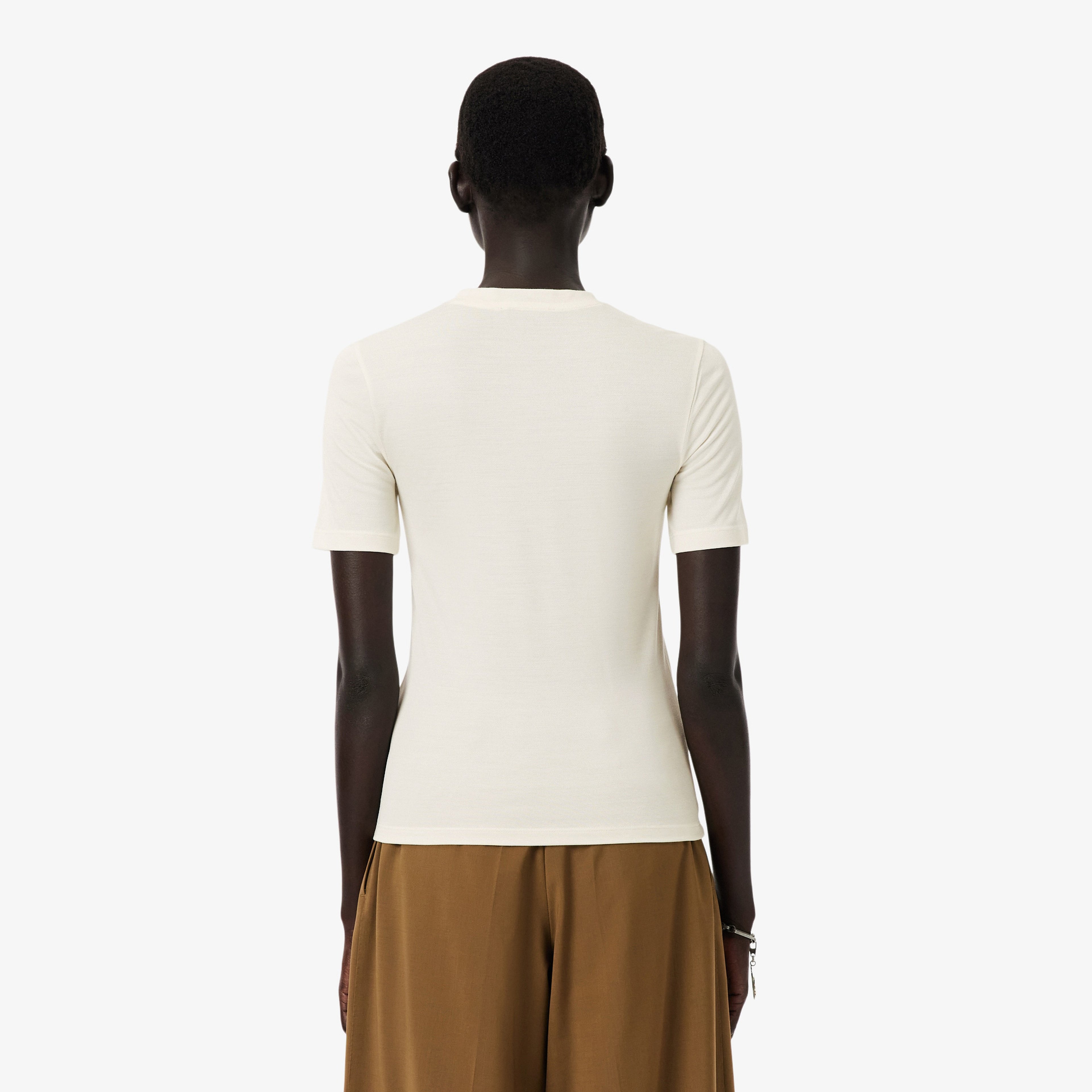 FW25 RUNWAY Kadın Bisiklet Yaka Baskılı İpek Beyaz T-Shirt