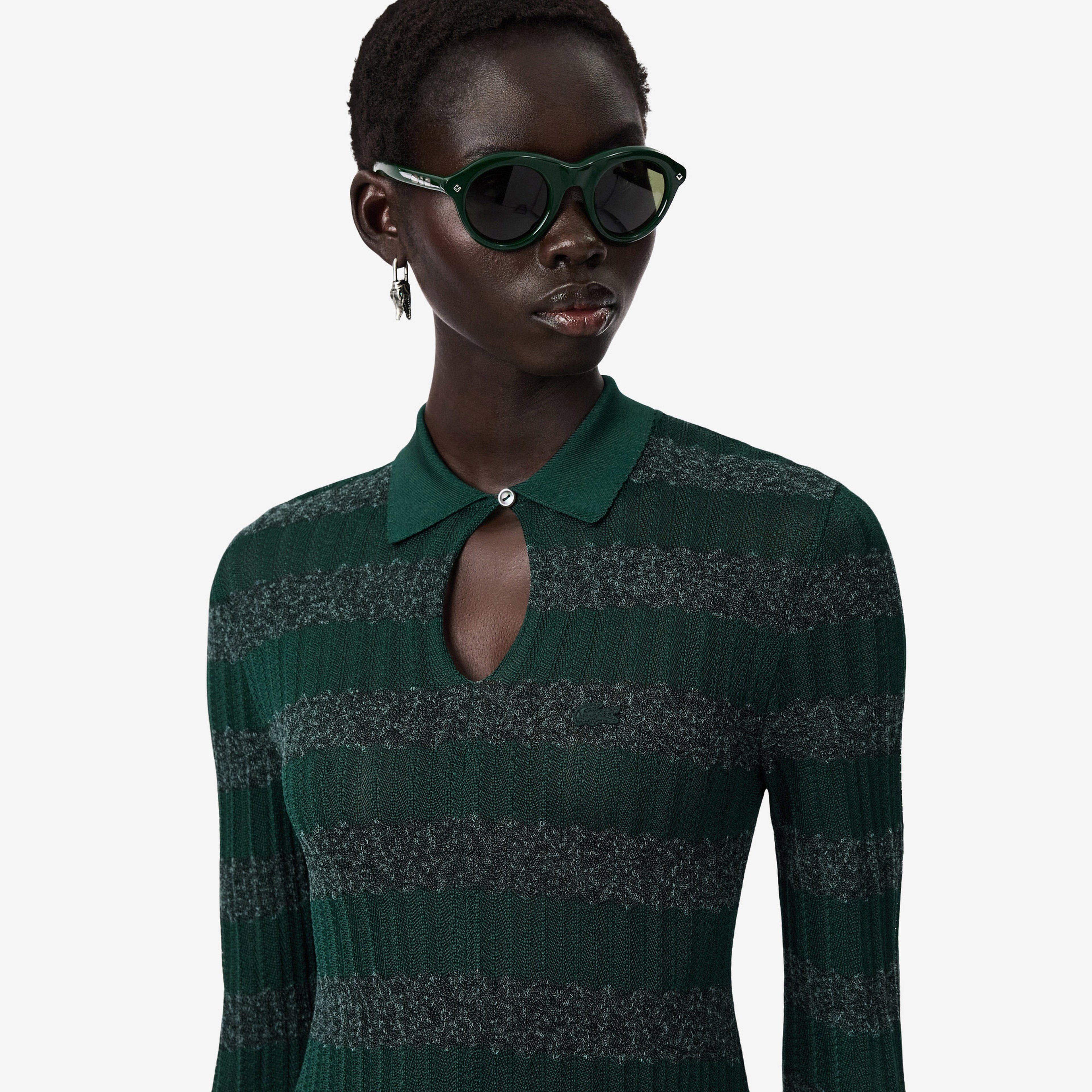 FW25 RUNWAY Kadın Polo Yaka Desenli Yeşil Elbise