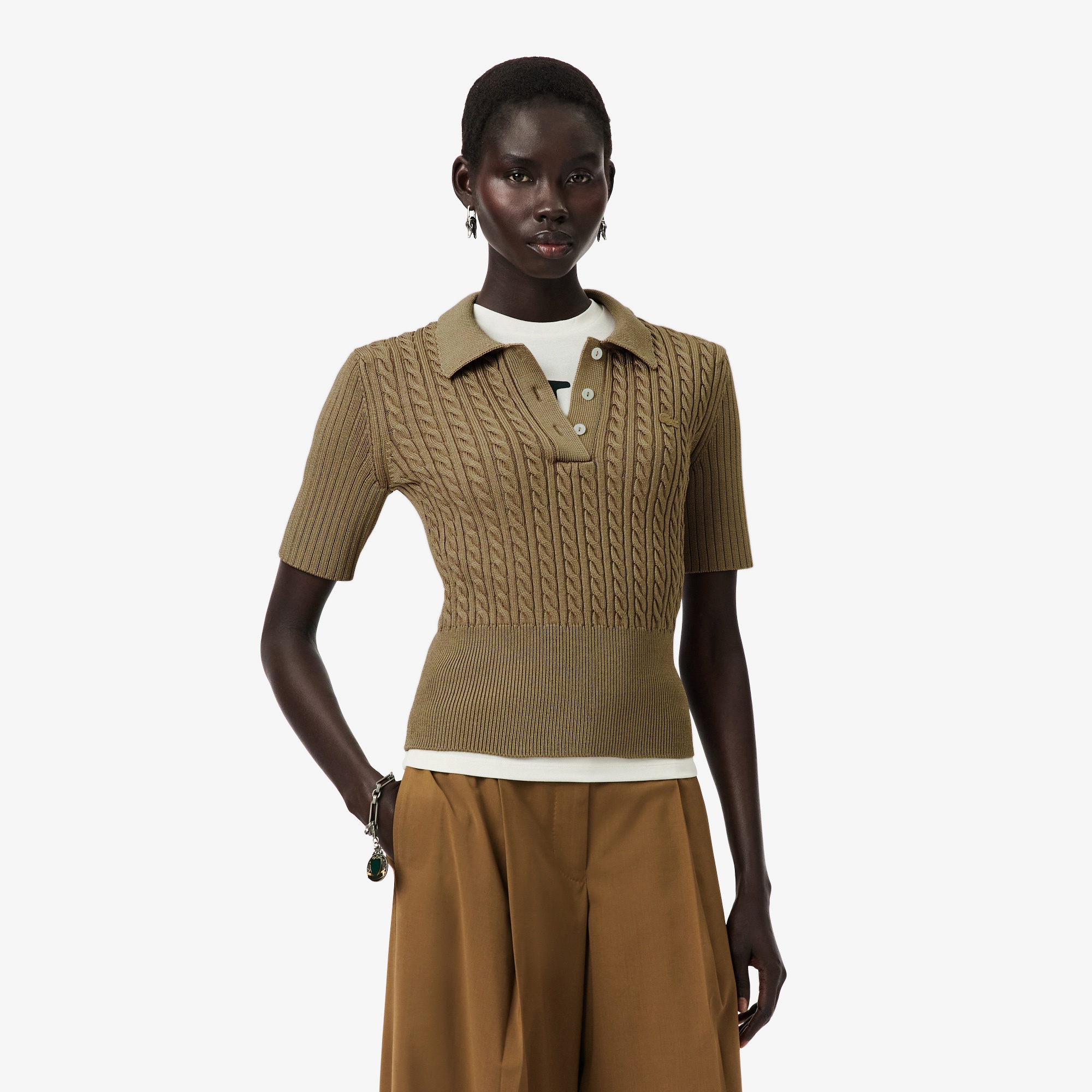 FW25 RUNWAY Kadın Kısa Kollu Polo Yaka Kahverengi Triko