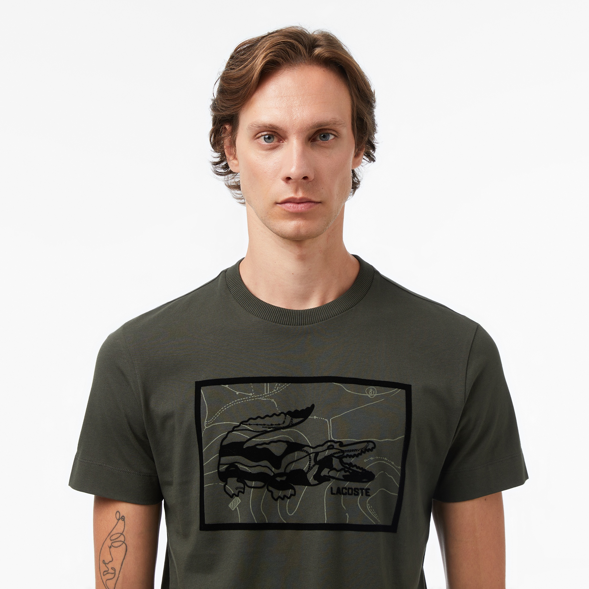 Erkek Bisiklet Yaka Baskılı Haki T-Shirt