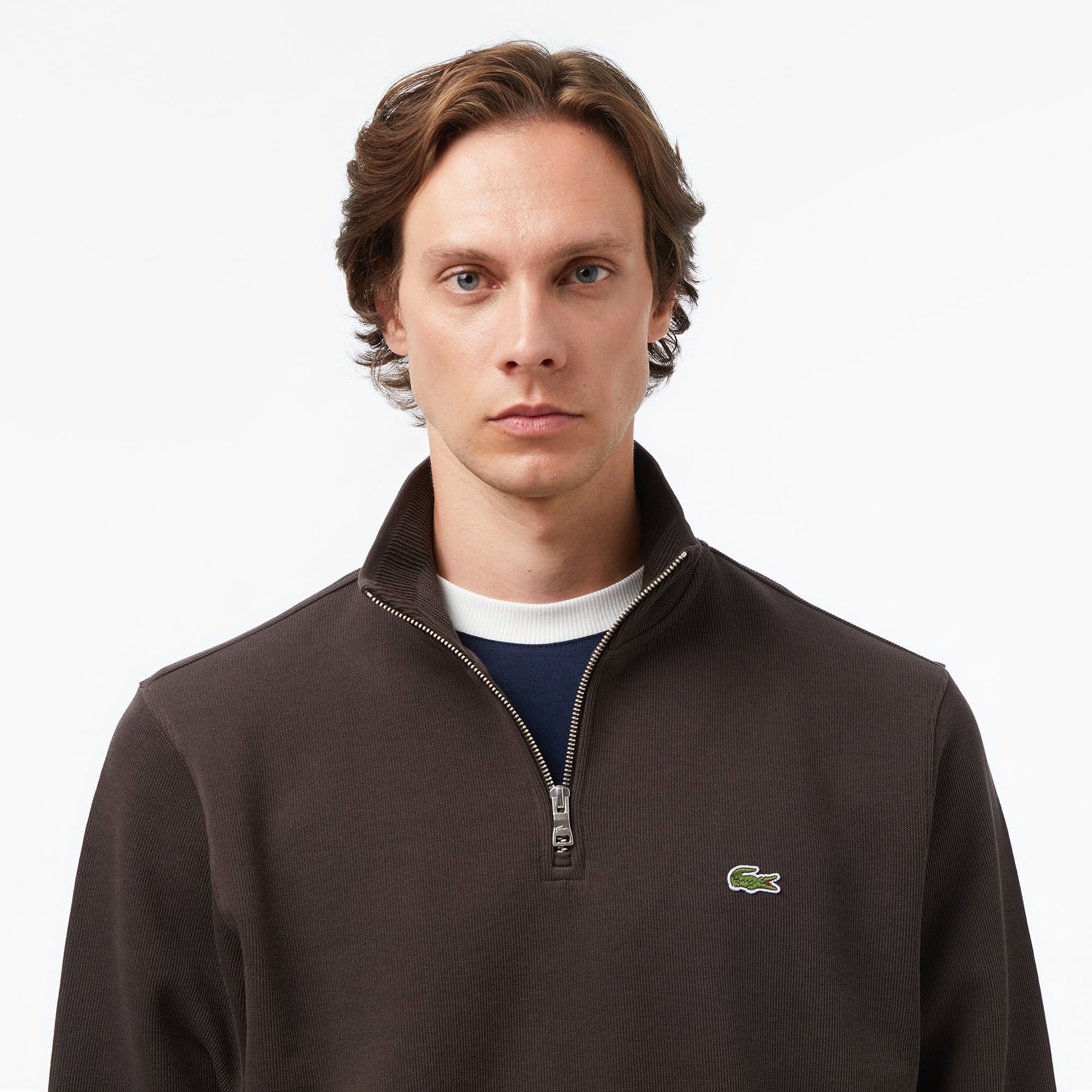 Erkek Classic Fit Yarım Fermuarlı Kahverengi Sweatshirt